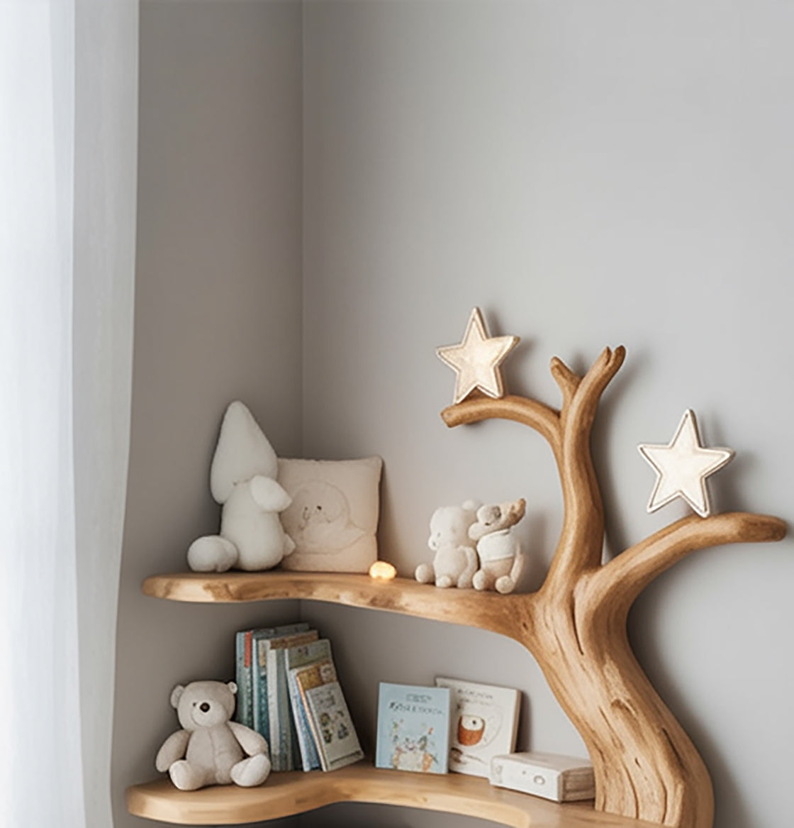 Handmade Wooden Tree Bookshelf for Kids – Rustic Corner Shelf for Nursery or Playroom