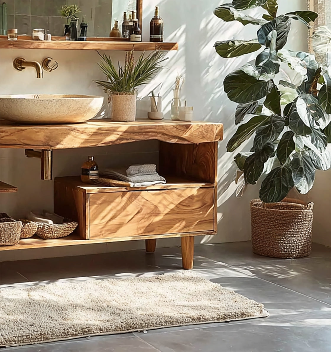Rustic Live Edge Wood Bathroom Vanity – Handmade Solid Teak Sink Console with Storage