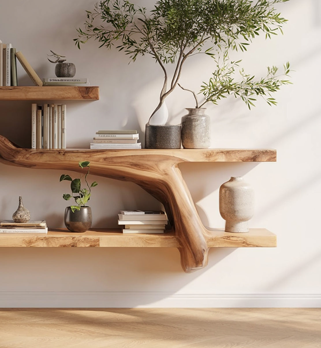 Live Edge Tree Branch Wall Shelf – Handmade Solid Wood Floating Shelf Decor