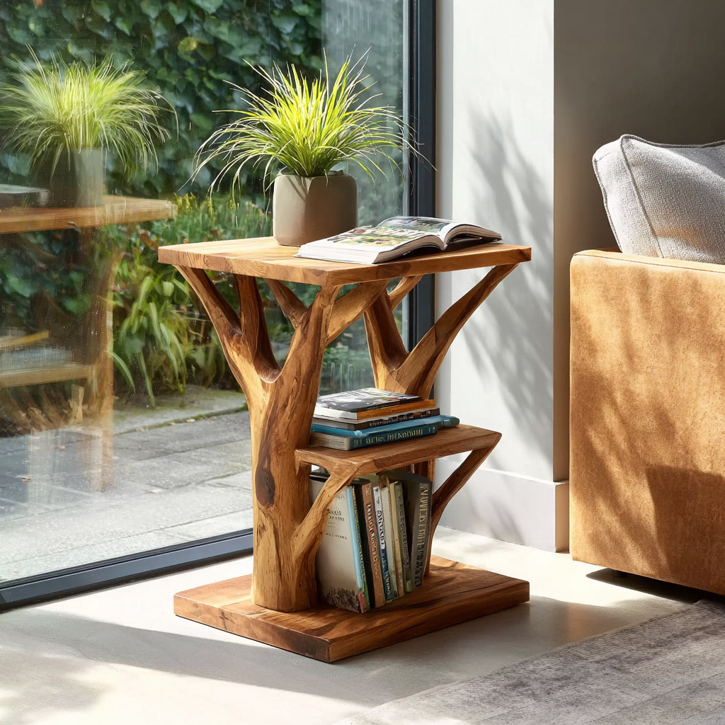 Farmhouse Round End Table – Live Edge Solid Wood Accent Table