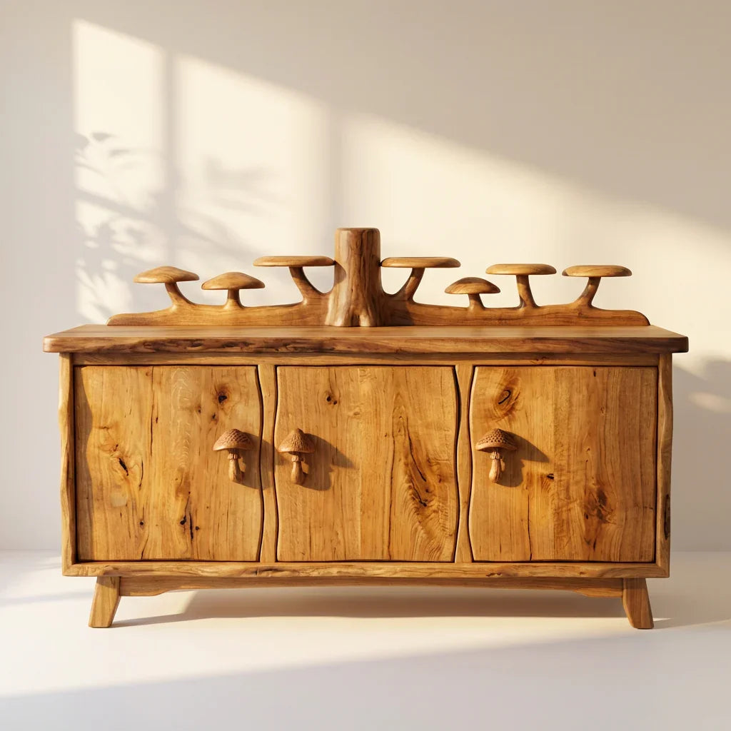 Mushroom Forest Sideboard with Carved Tree Trunk Back Display and Mushroom Door Handles, Handcrafted Solid Wood Credenza, Rustic Living Room Storage Cabinet - Ashdeco 2026