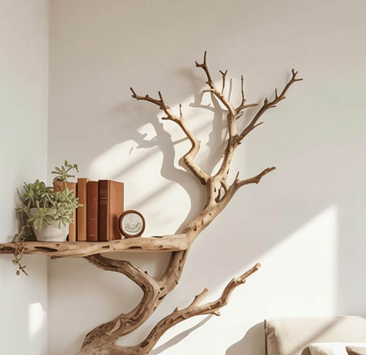 Driftwood Book Shelf On Wall Art Custom Tree Branch Corner Floating Shelves Decor