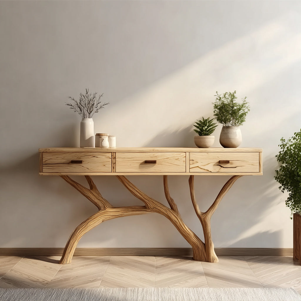 Wooden sideboard with sculptural tree-branch legs, potted plants, and jars on top in minimalist room
