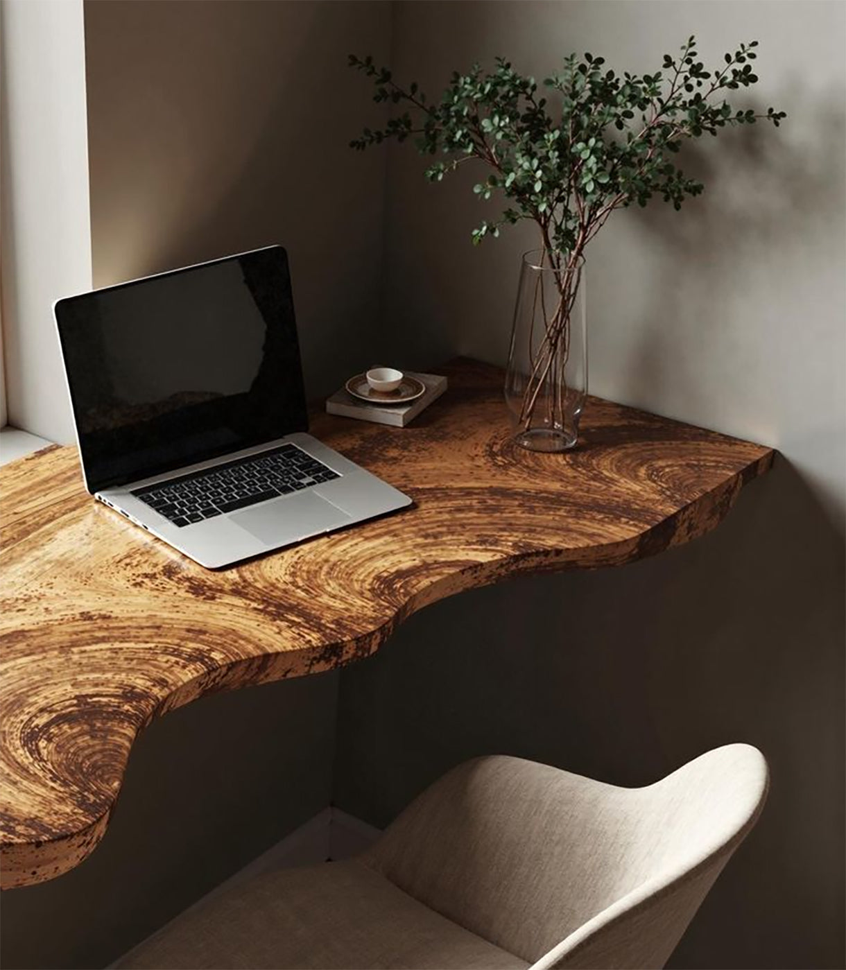 Handmade Floating Desk – Rustic Live Edge Shelf, Farmhouse Wall-Mounted Bracket Desk