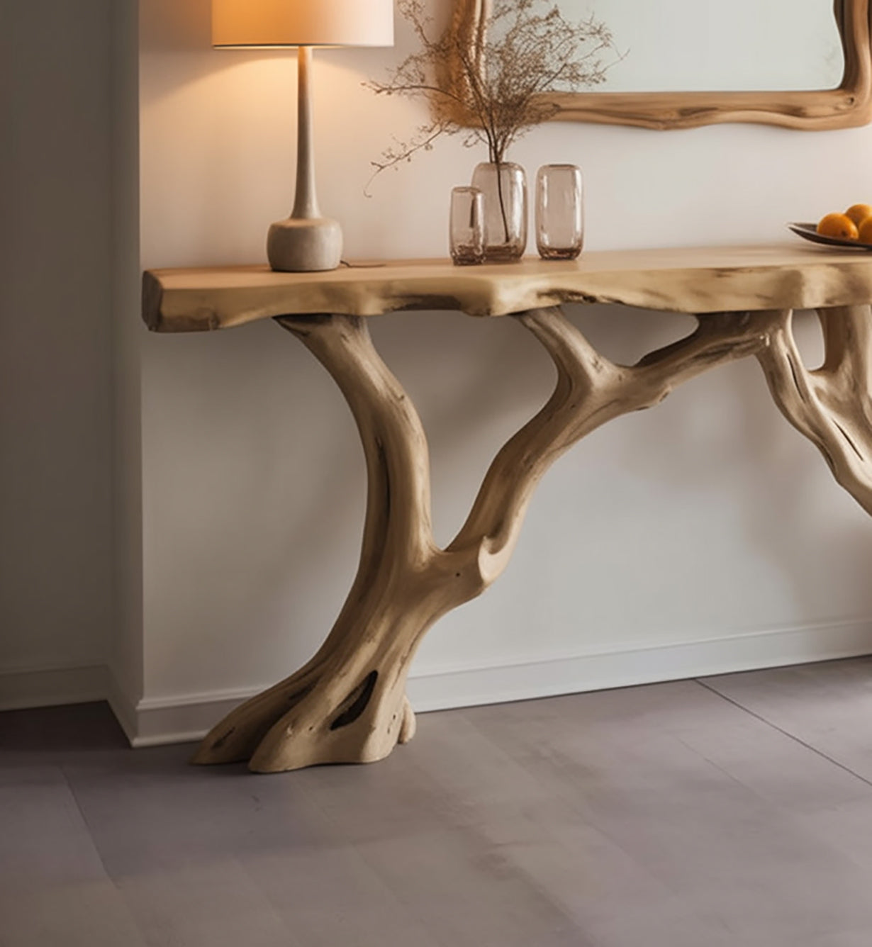 Live Edge Wood Console Table with Sculptural Tree Base – Rustic Farmhouse Entryway Table