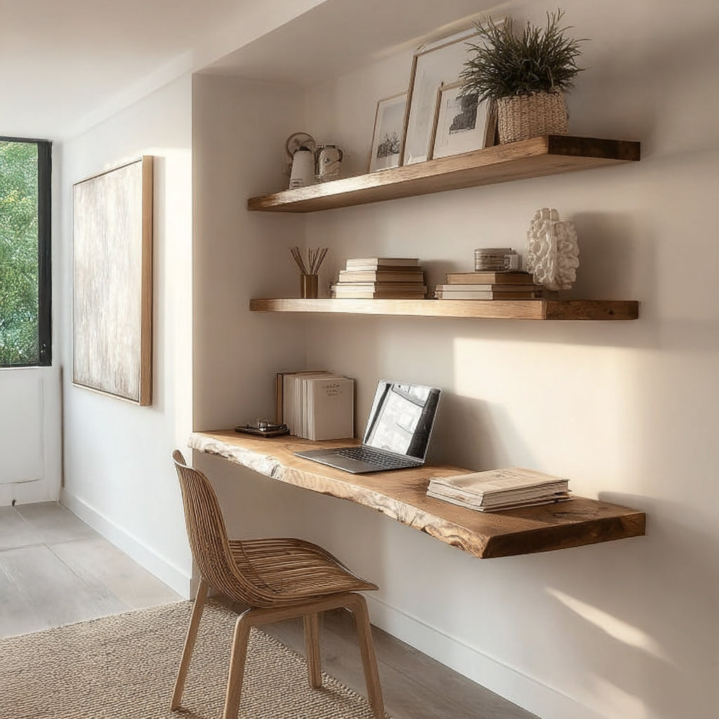 Minimalist home office with live edge wood desk, matching shelves, wicker chair, laptop, books, and plant