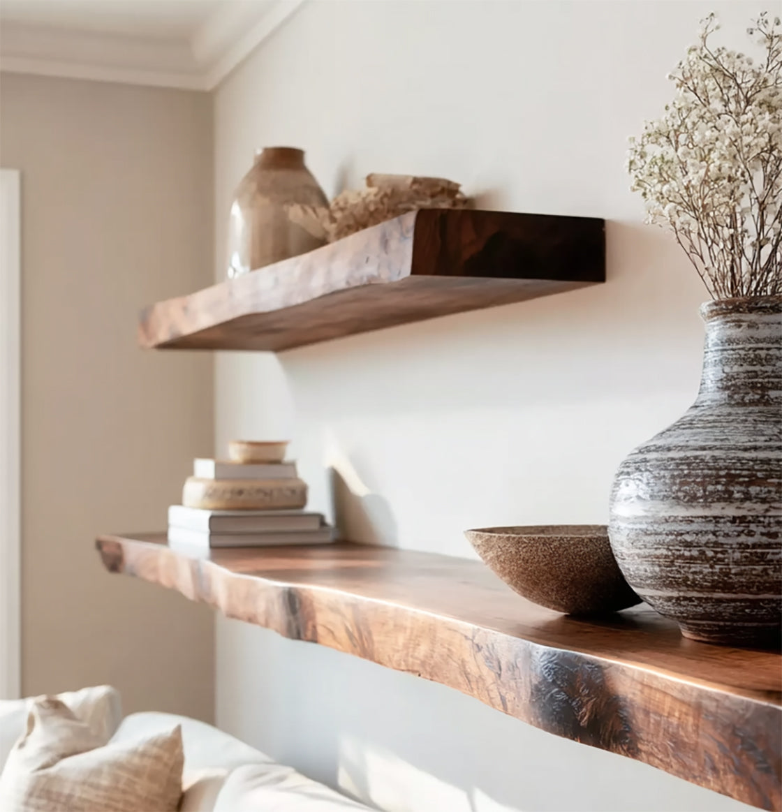 Handmade Live Edge Wooden Floating Shelves – Rustic Wall Decor