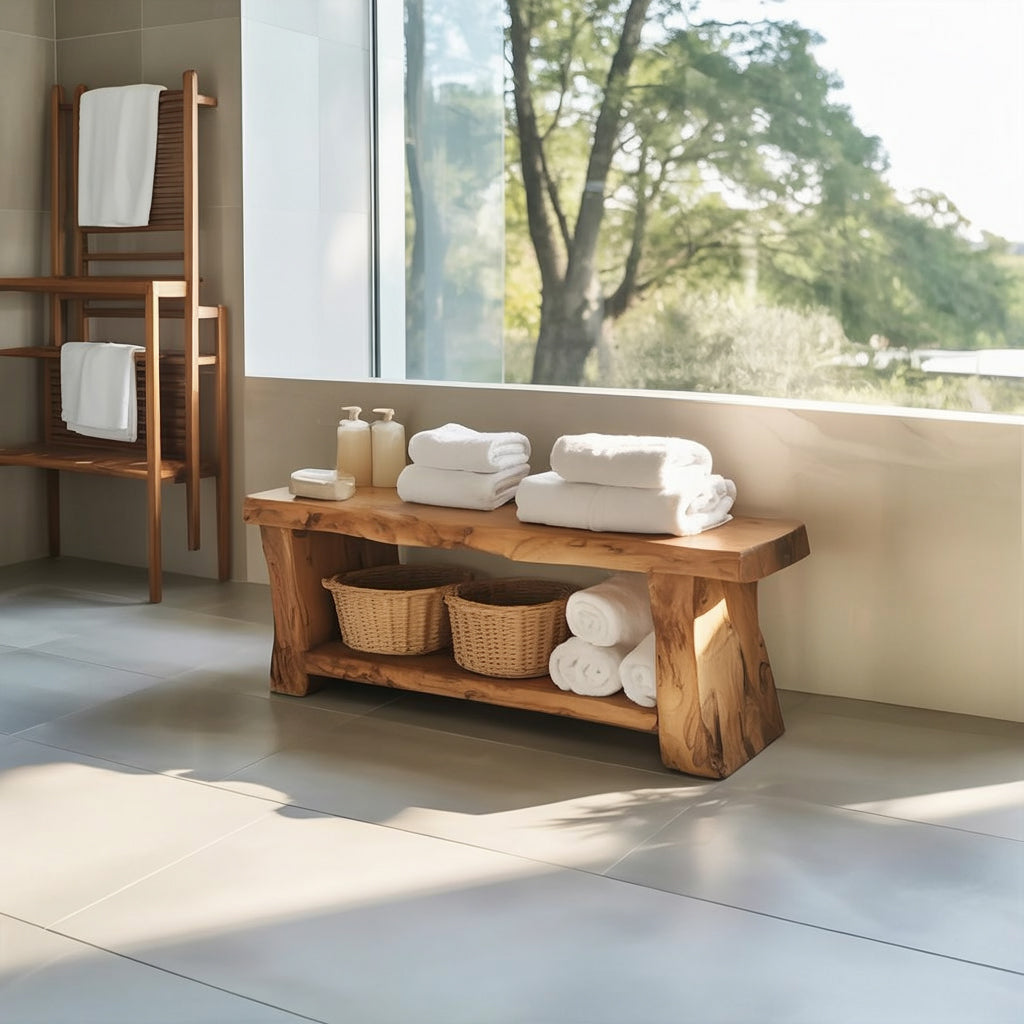 Handcrafted Solid Wood Bath Bench with Storage – Organic Bathroom Accent