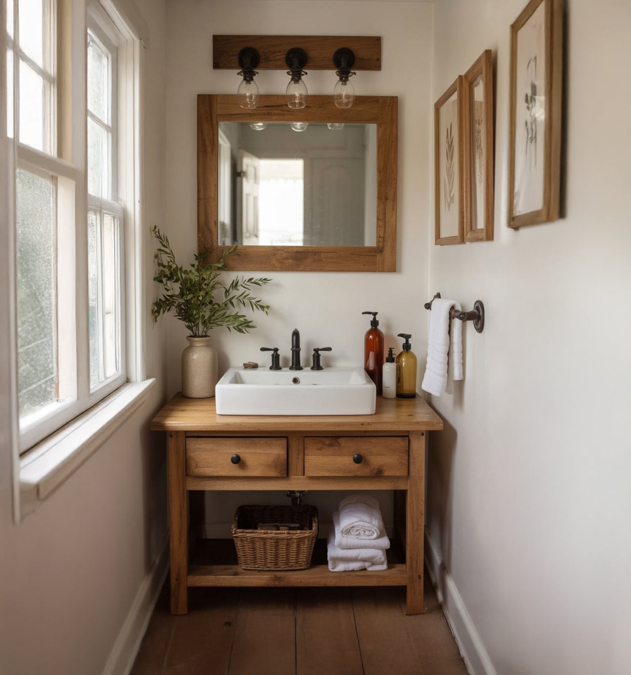 Rustic Solid Wood Bathroom Vanity with Storage Shelf & Drawers