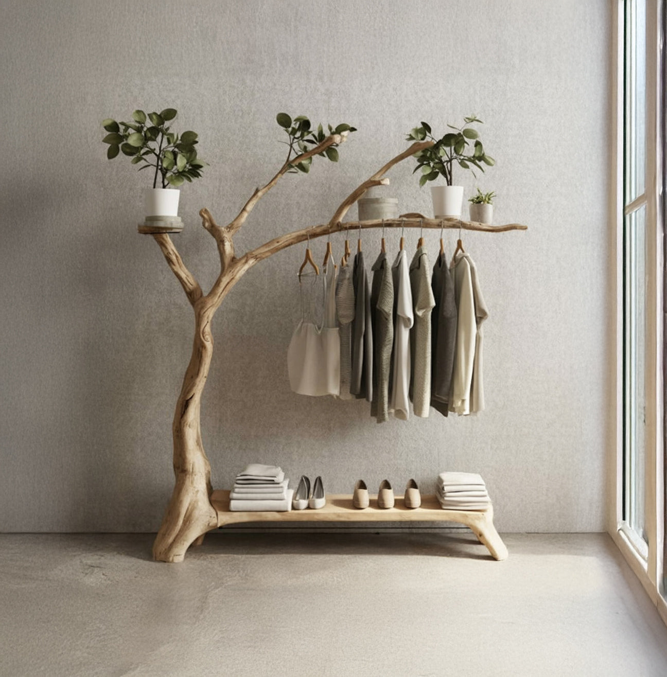 Live Edge Wooden Clothing Rack – Tree Branch Garment Stand with Storage Bench