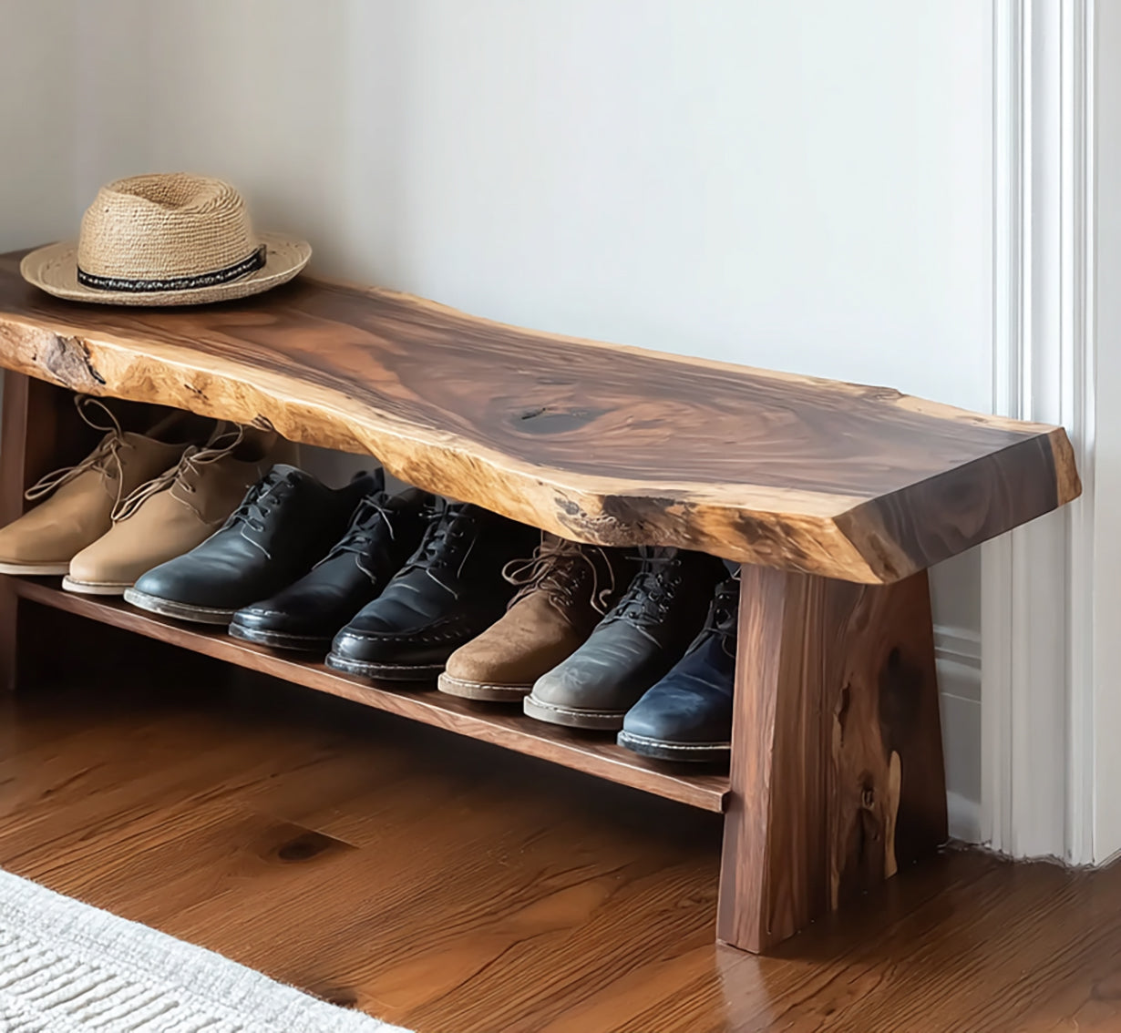Live Edge Wood Shoe Bench – Handcrafted Entryway Bench with Storage Shelf