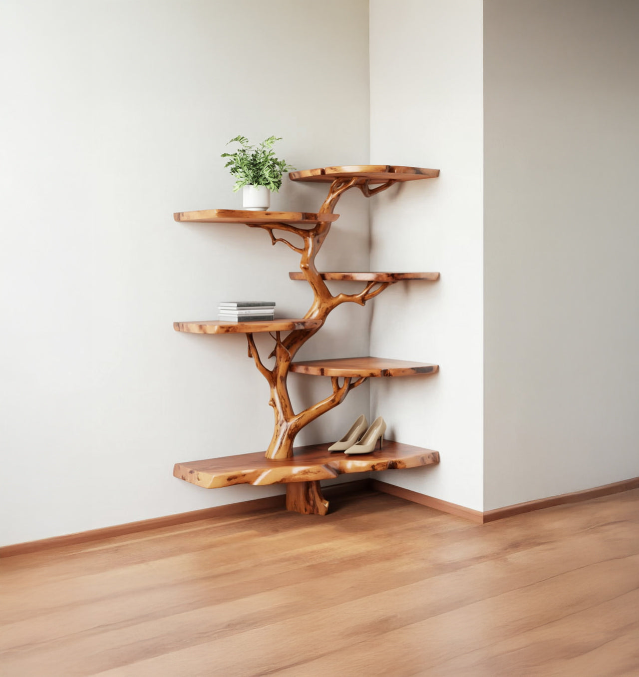 Corner Tree Shelf – Handcrafted Solid Wood Branch Shelf, Artistic Floating Corner Bookcase
