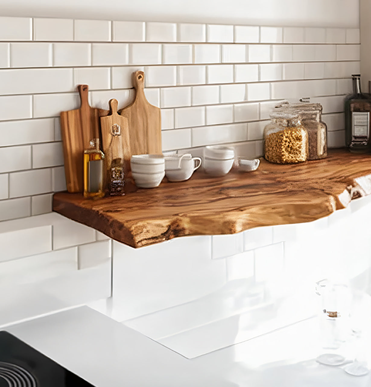 Live Edge Floating Kitchen Shelf – Solid Wood Wall-Mounted Storage
