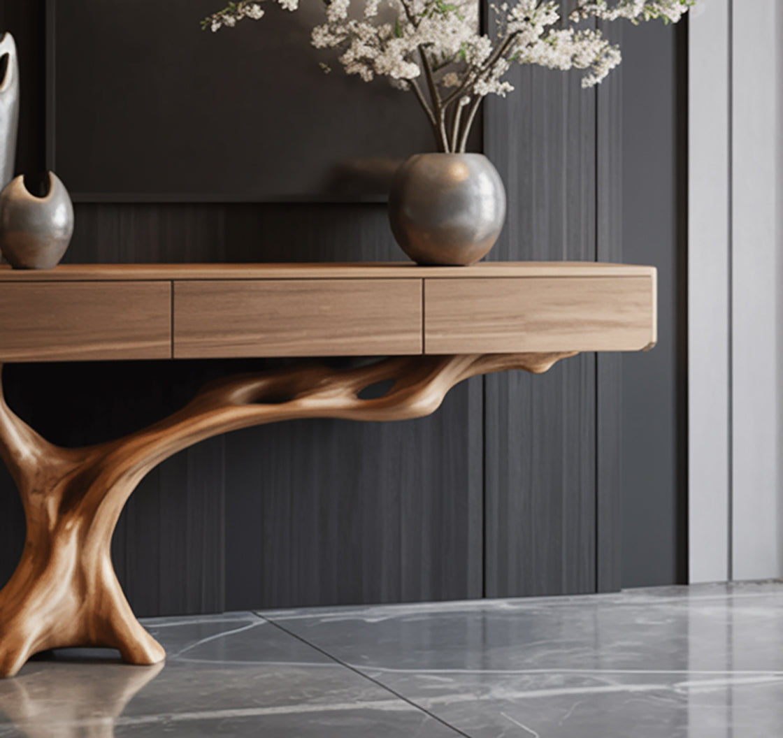 Live Edge Wooden Console Table – Handcrafted Tree Branch Base Entryway Table