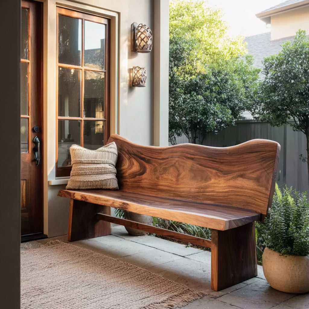 Rustic Handcrafted Outdoor Wooden Bench – Curved Backrest