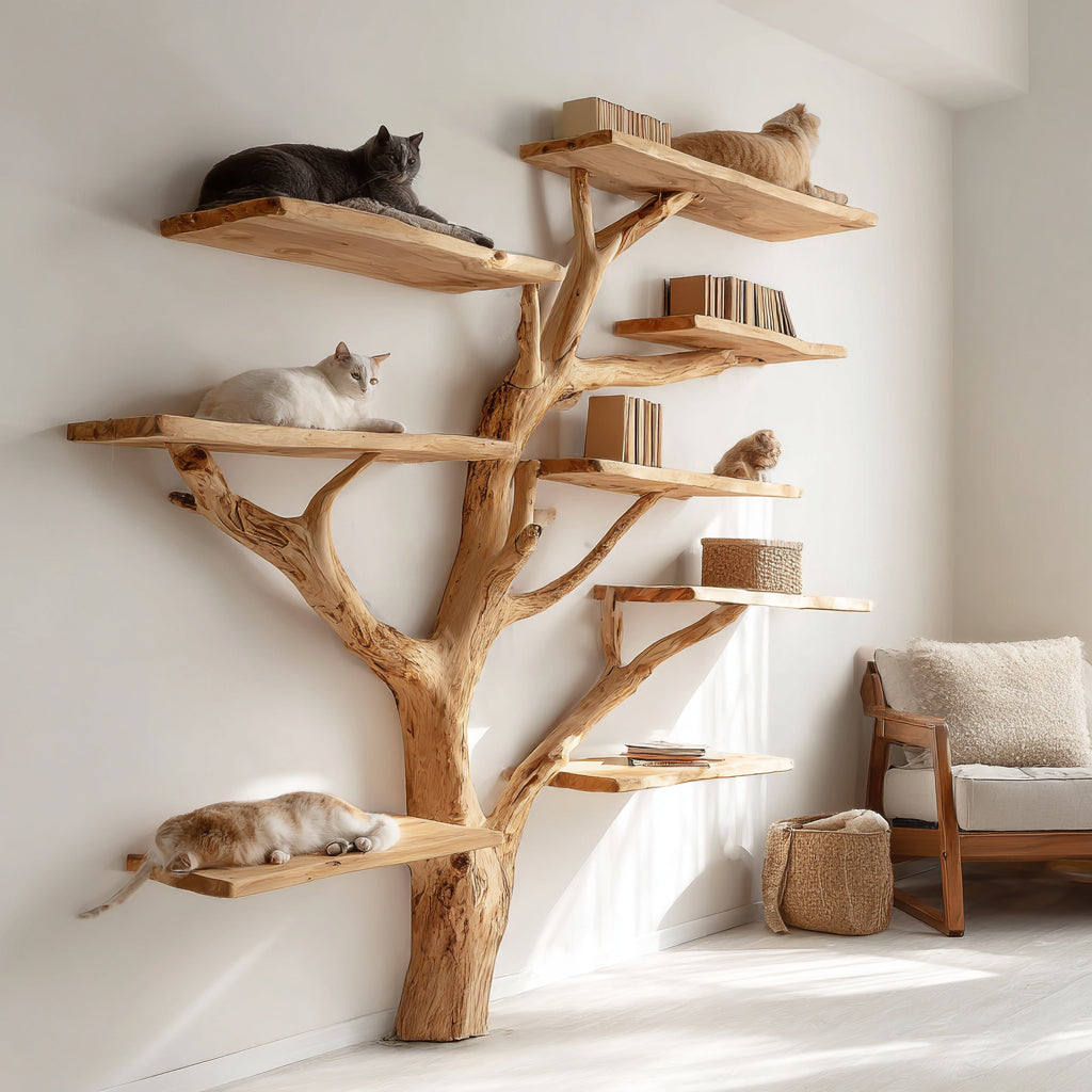 Handmade Wooden Cat Tree Bookshelf – Natural Solid Wood Multi-Level Shelves