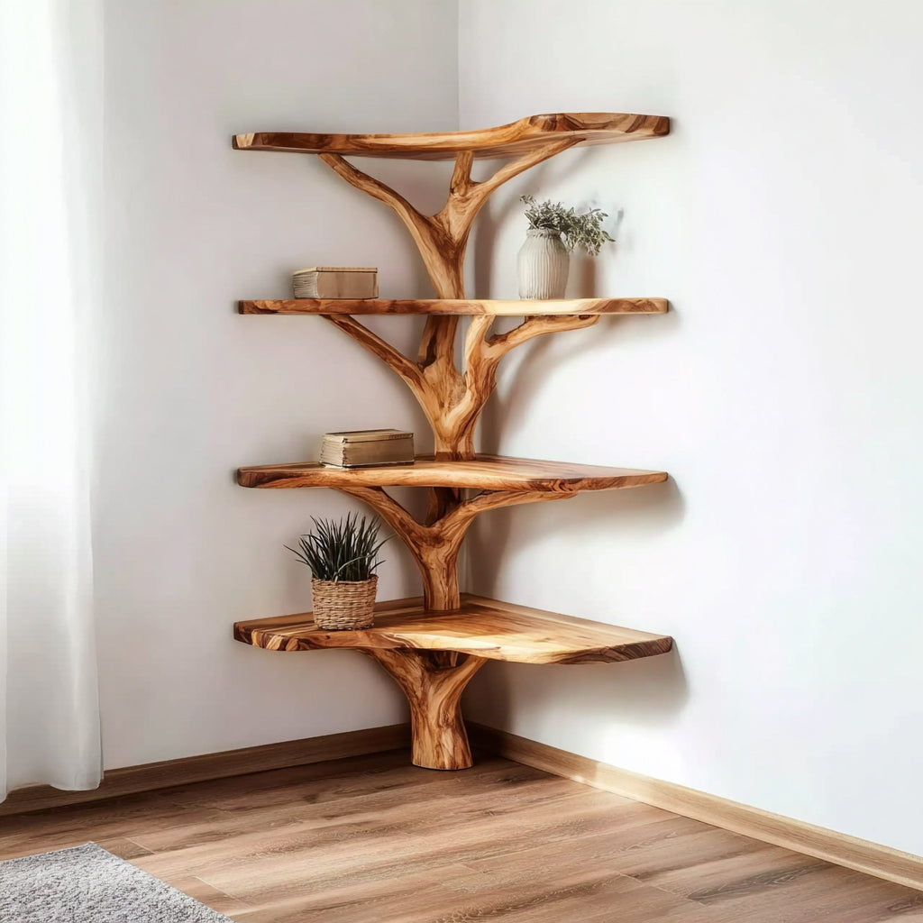 Rustic Tree-Inspired Corner Shelf – Handcrafted Branch Wood Furniture