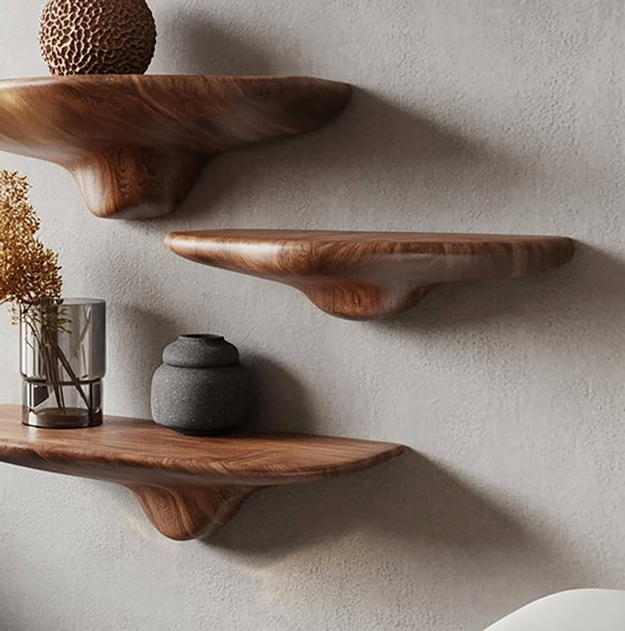 Organic Sculpted Wooden Floating Shelves – Handcrafted Modern Wall Art Storage