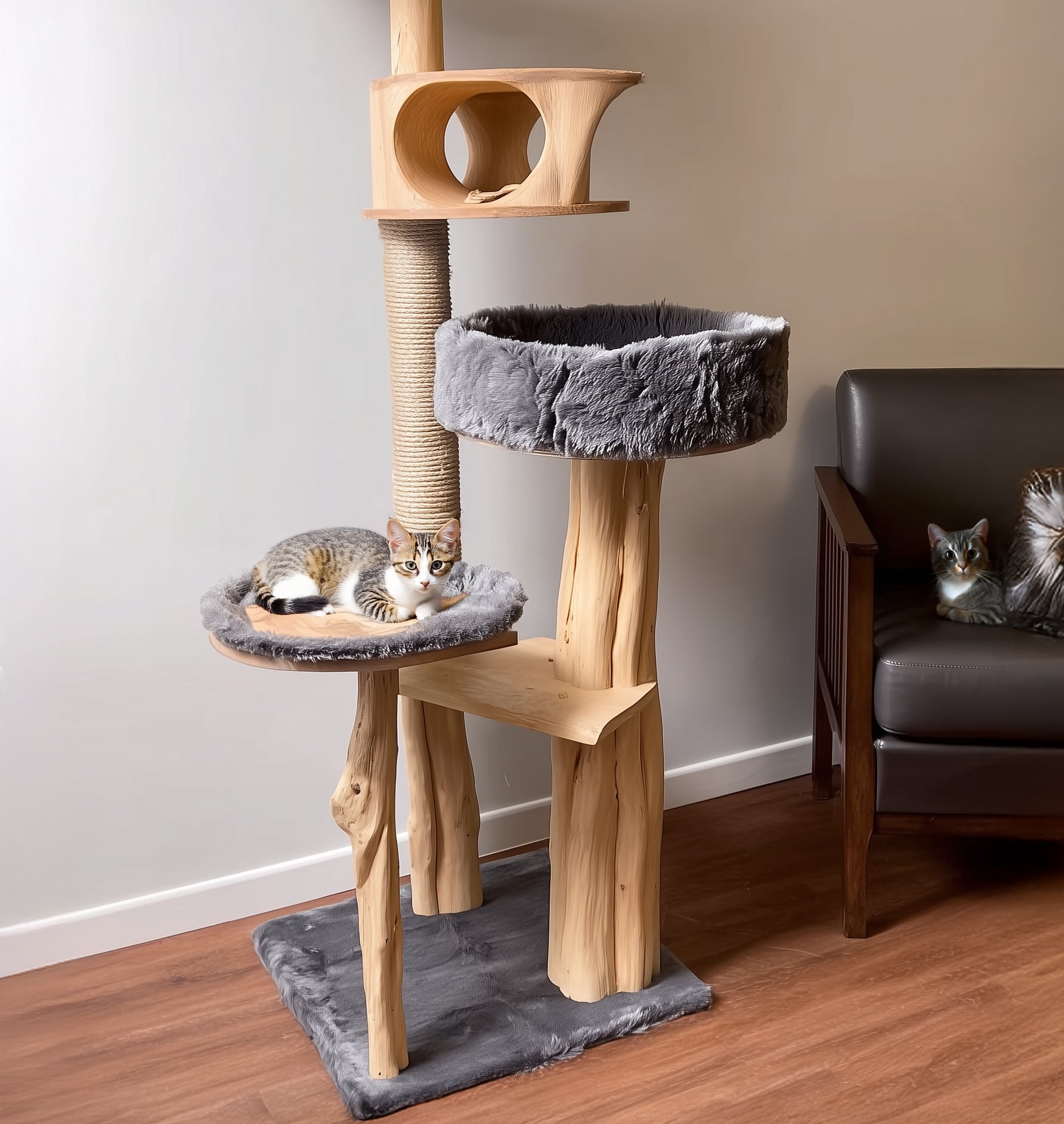 Rustic Wooden Cat Tree – Handmade Wall-Mount Climbing Tower Shelf, Unique Natural Cat Furniture