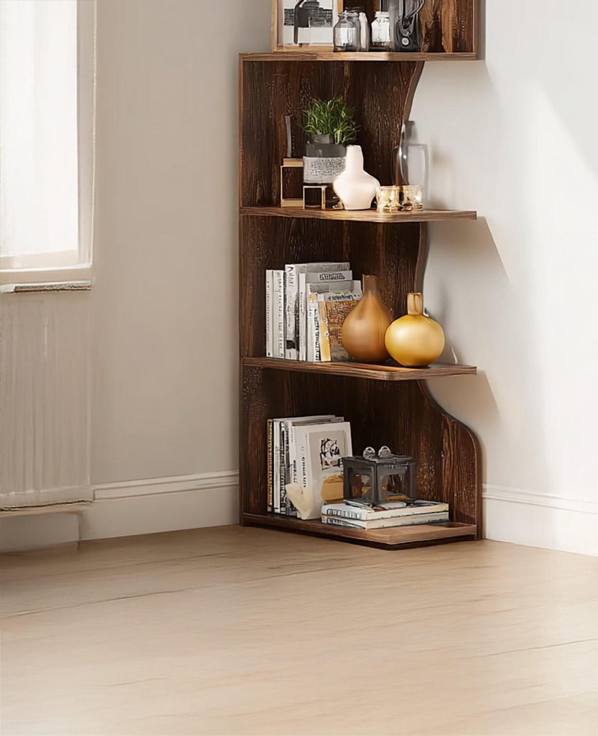 Bookshelf with Shelves, Tall Corner Bookcase Modern Wooden Bookshelf Small Space Book Case