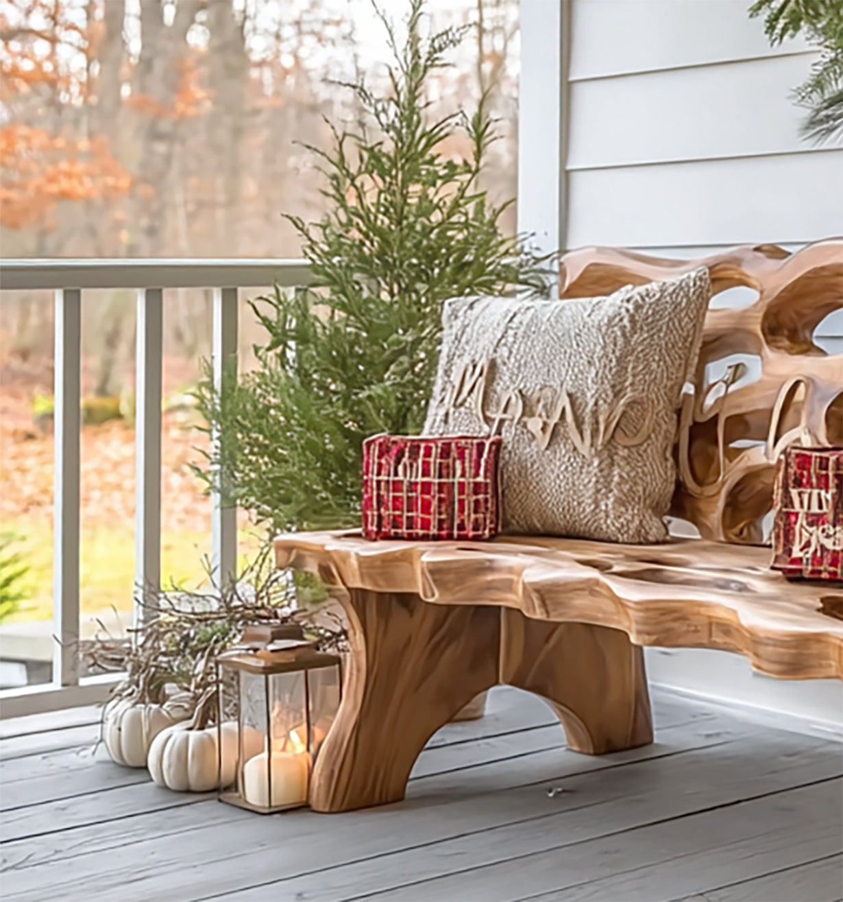 Rustic Farmhouse Wooden Porch Bench – Solid Wood Entryway & Outdoor Seating