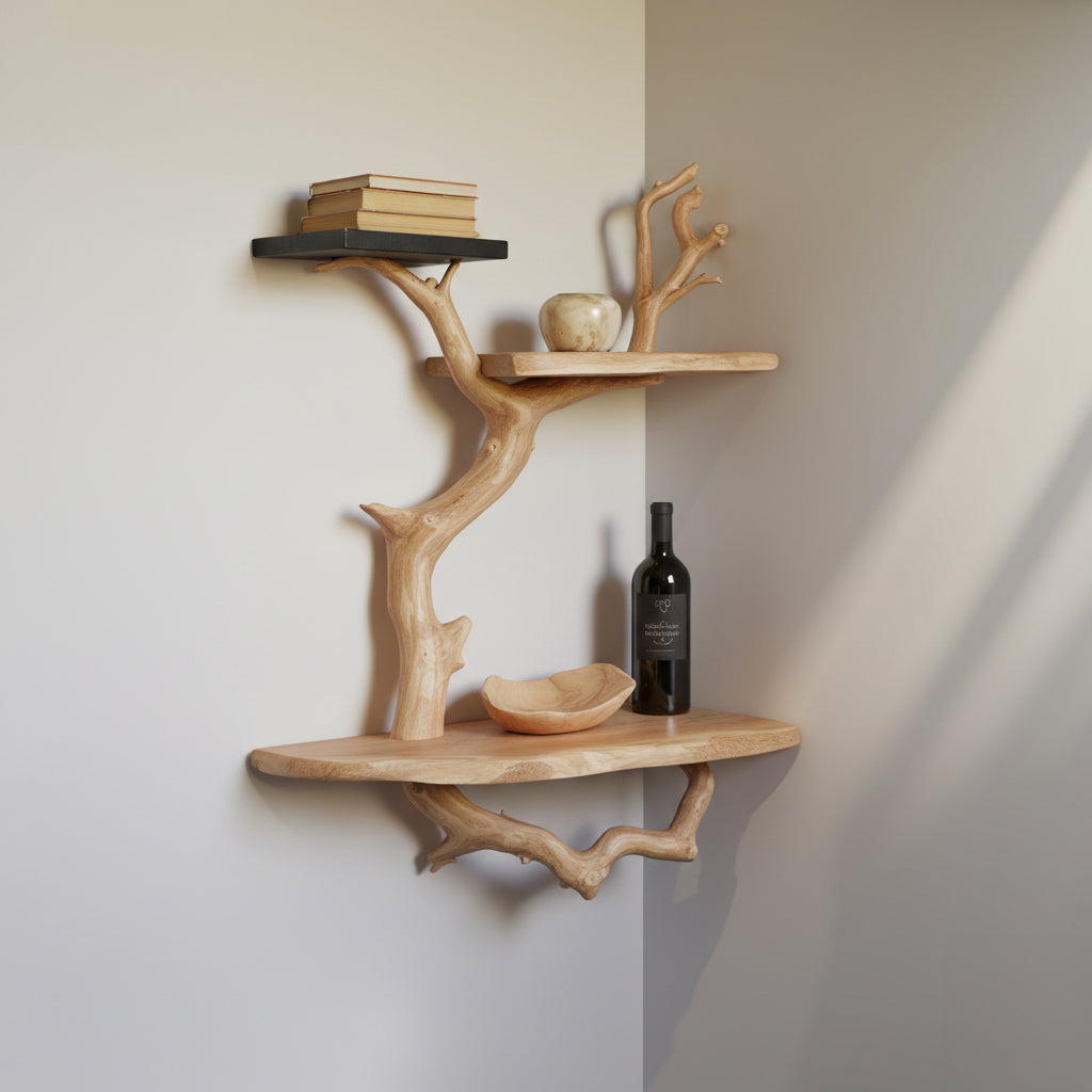 Floating Corner Tree Branch Bookshelf – Driftwood Wall Decor