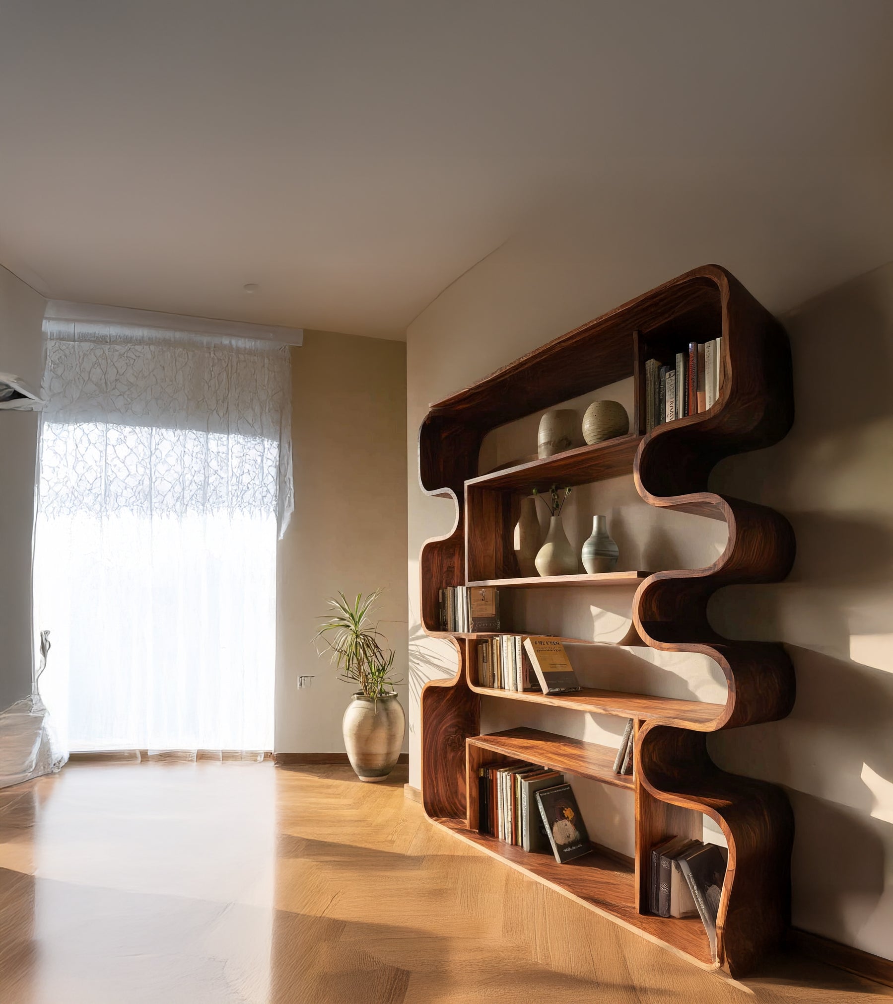 Modern Wooden Bookshelf with Sculptural Curved Design – Contemporary Display Shelf