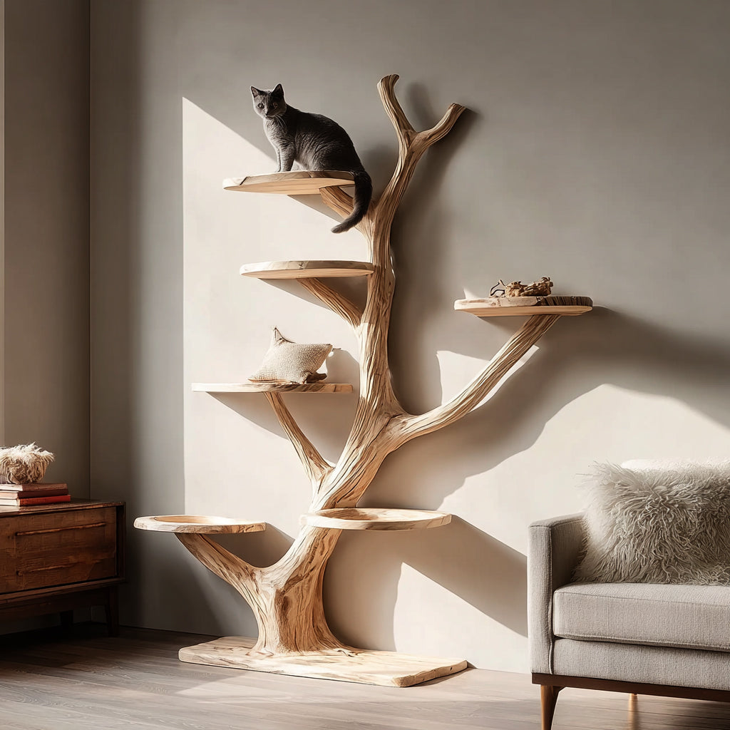 Handmade Wooden Cat Tree Tower – Solid Wood Multi-Level Rustic Cat Furniture