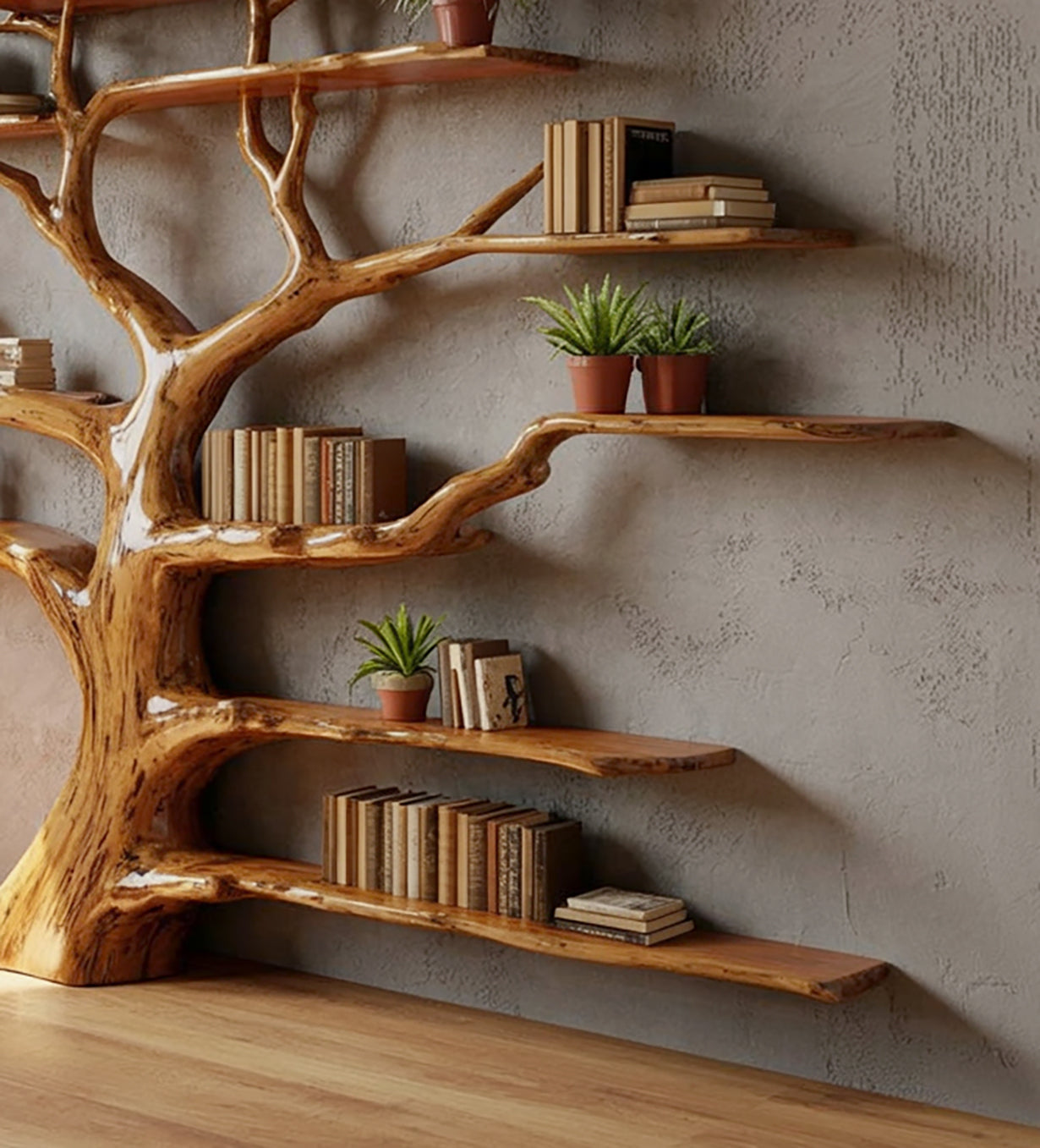 Tree Bookshelf – Rustic Wooden Book Tree Shelf, Wall-Mounted Natural Wood Décor