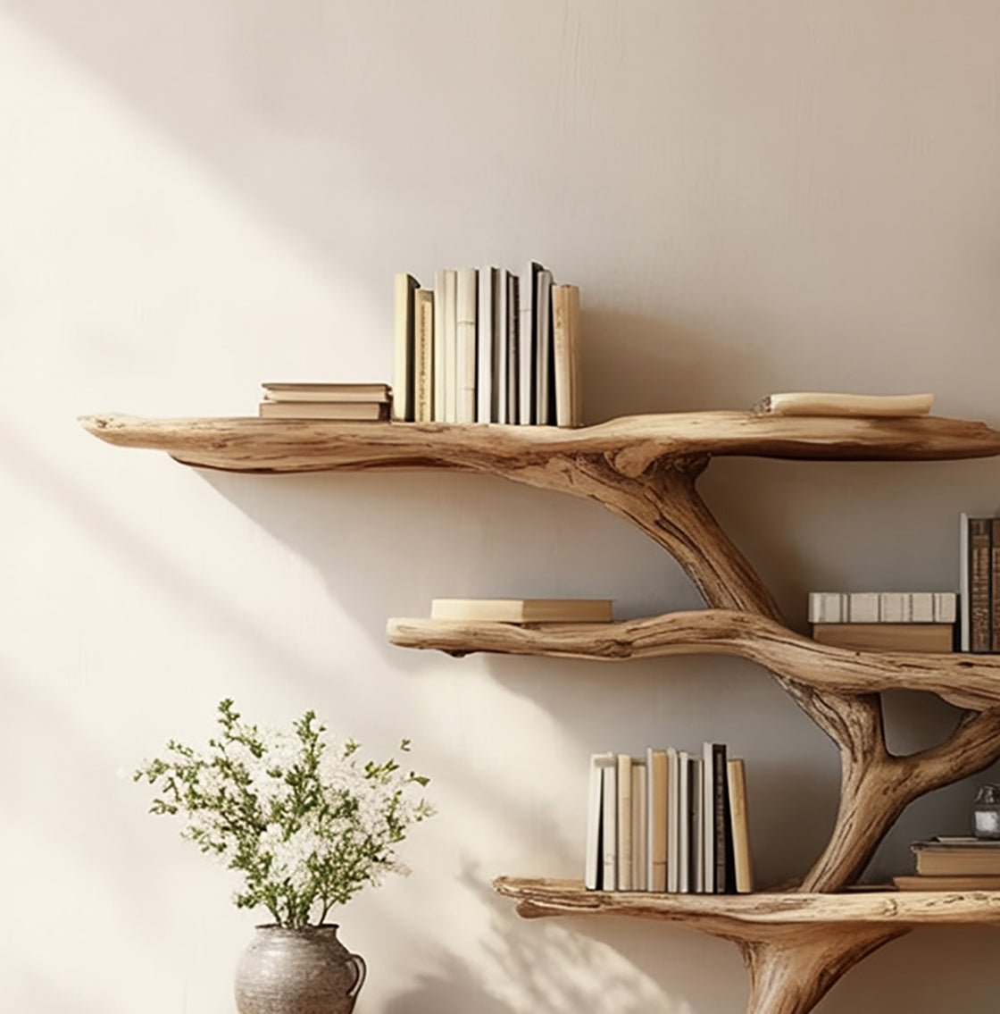 Live Edge Tree Branch Shelf – Handmade Wooden Bookcase, Rustic Decor