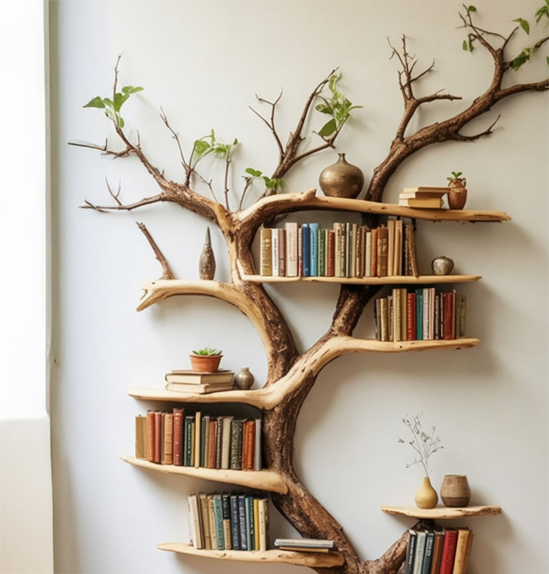 Tree Branch Bookshelf – Solid Wood Live Edge Floating Corner Shelf, Unique Bookcase