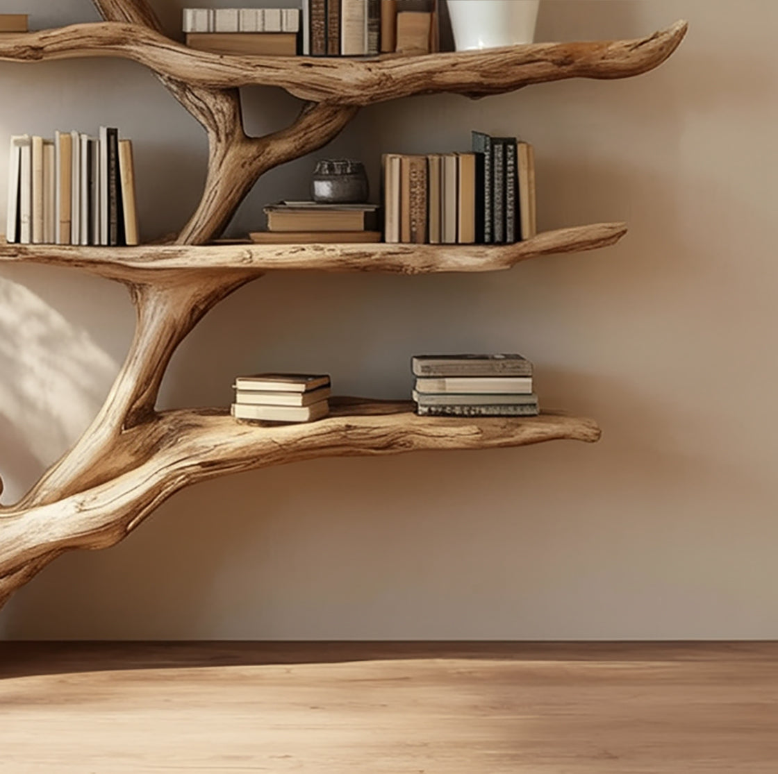 Live Edge Tree Branch Shelf – Handmade Wooden Bookcase, Rustic Decor