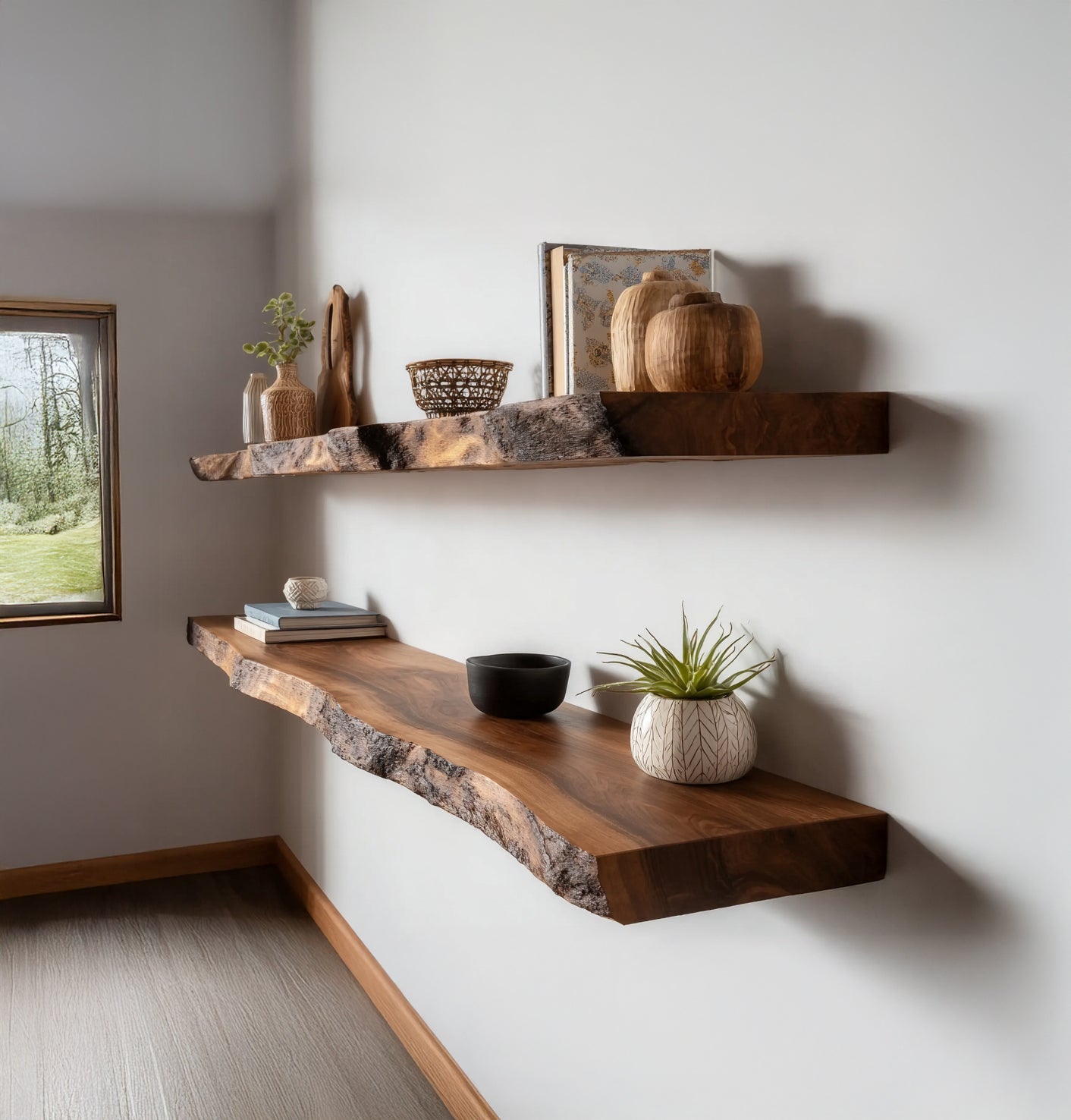 Live Edge Floating Wood Shelves – Handcrafted Solid Wood Wall Shelving