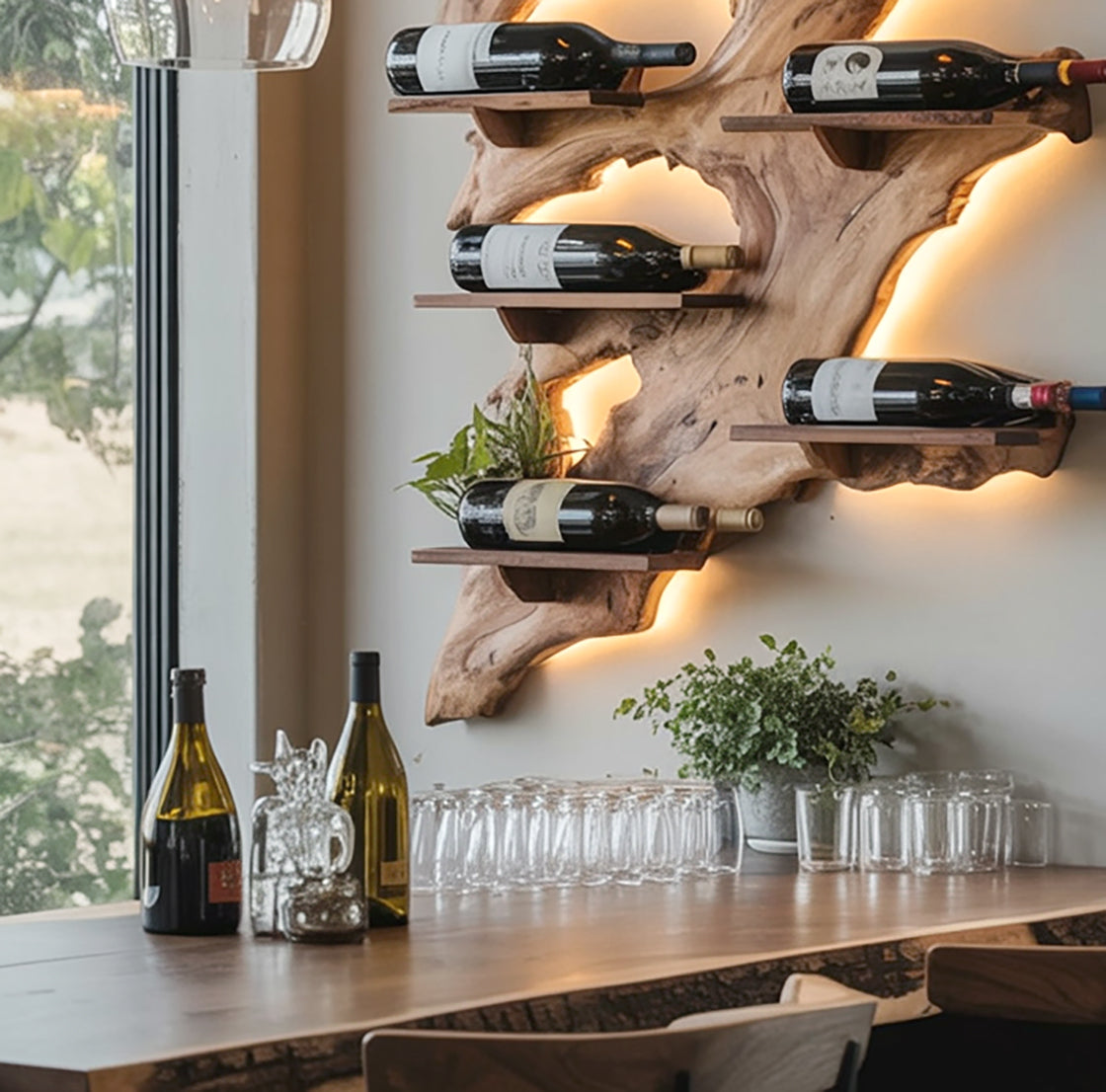 Live Edge Wooden Wine Rack – Wall Mounted Rustic Wine Shelf, Christmas Gift