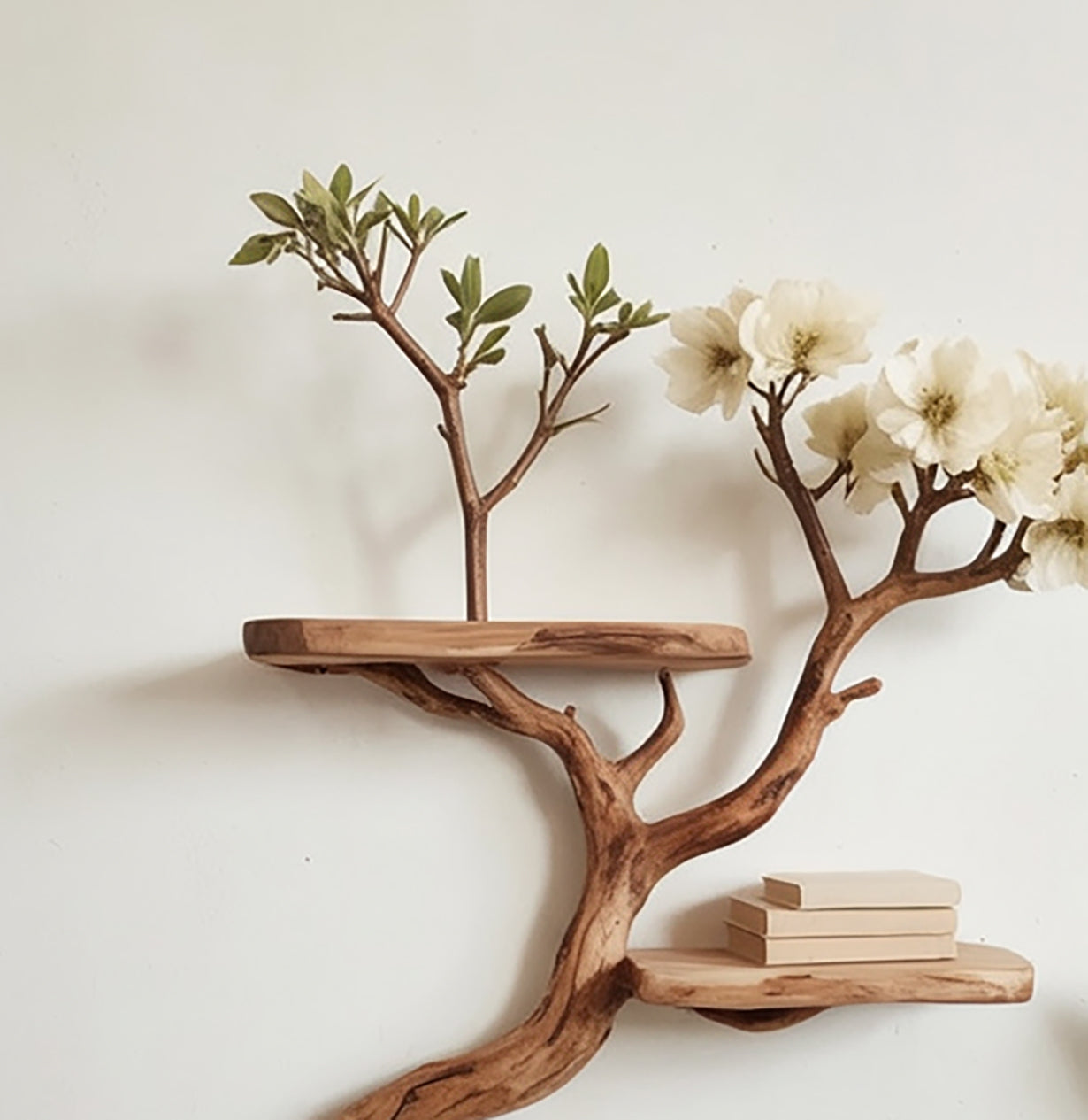 Floating Driftwood Branch Bookshelf – Live Edge Wall Shelves with Faux Flowers