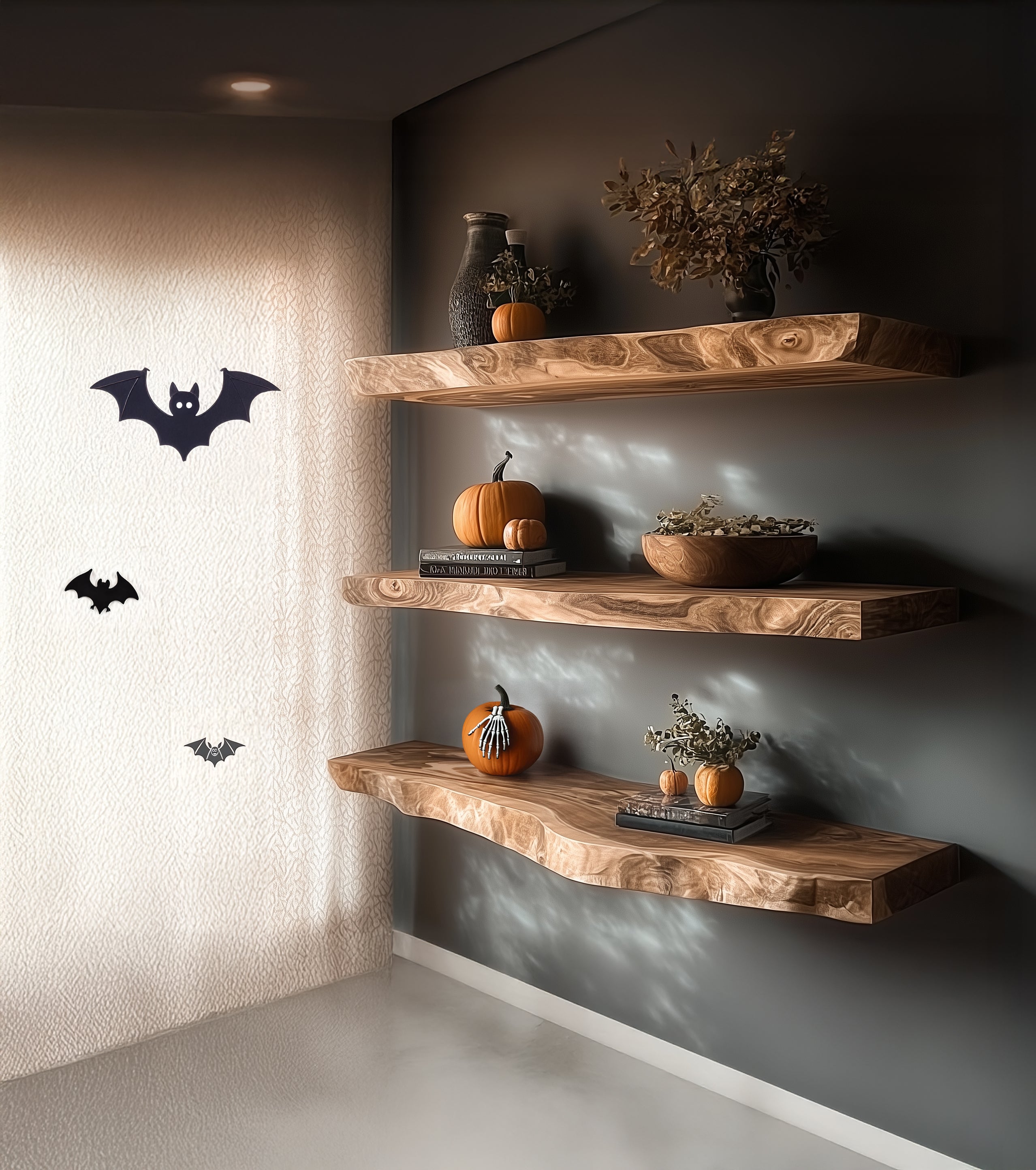 Live Edge Floating Shelves – Solid Wood Wall Shelf for Rustic Kitchen or Home Bar Decor