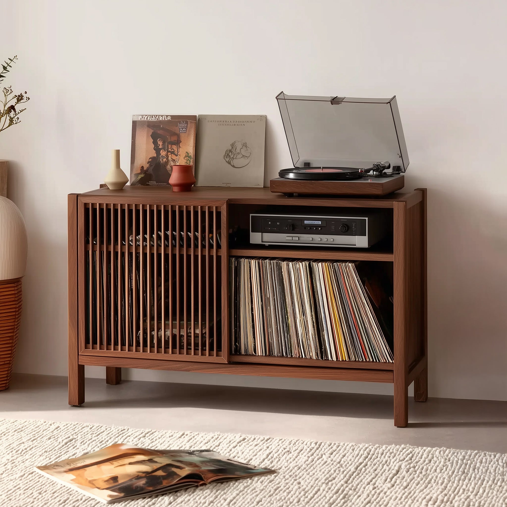 Handcrafted Record Player Stand – Natural Wood Turntable Station with Storage, Customizable Record Cube Organizer