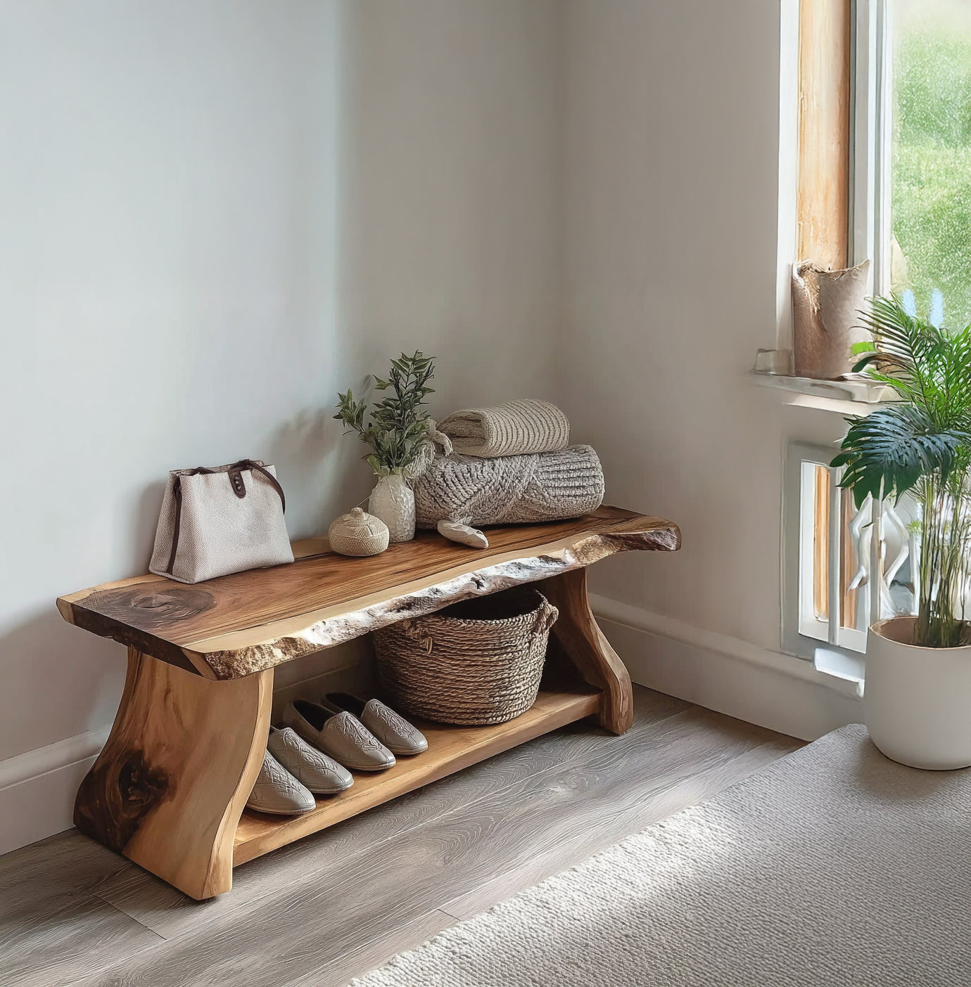 Solid Oak Shoe Bench with Storage – Handmade Entryway Rack, Custom Size & Color