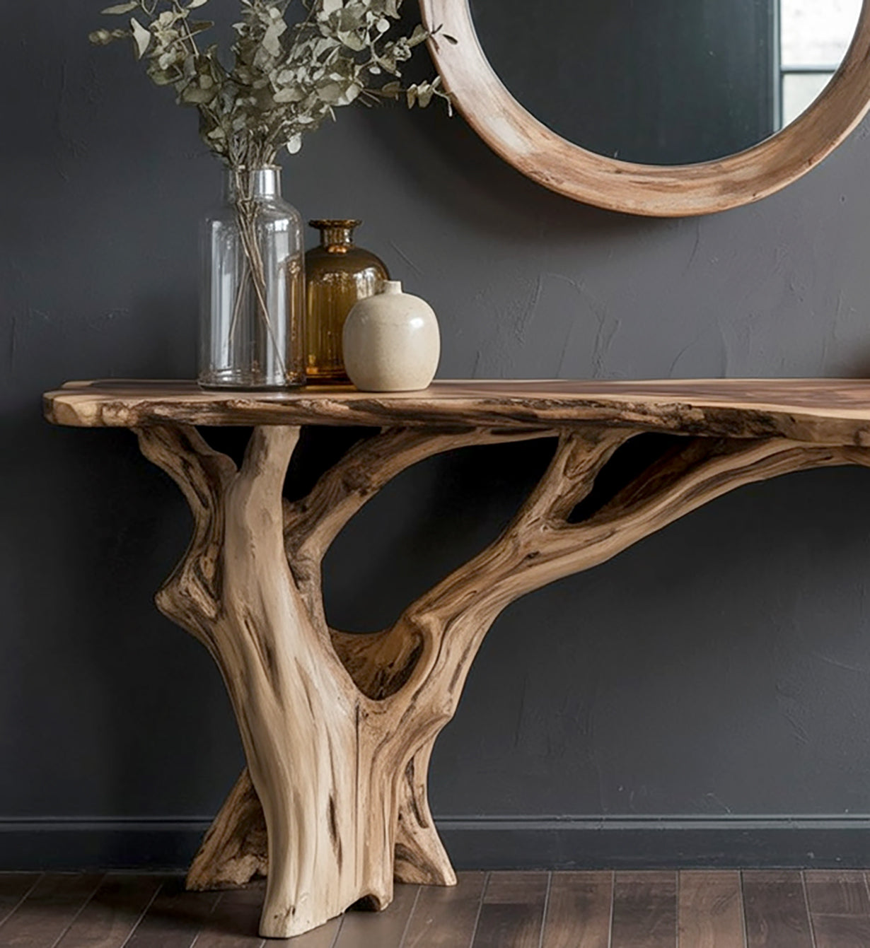 Natural Solid Wood Console Table – Handcrafted Sculptural Entryway Table