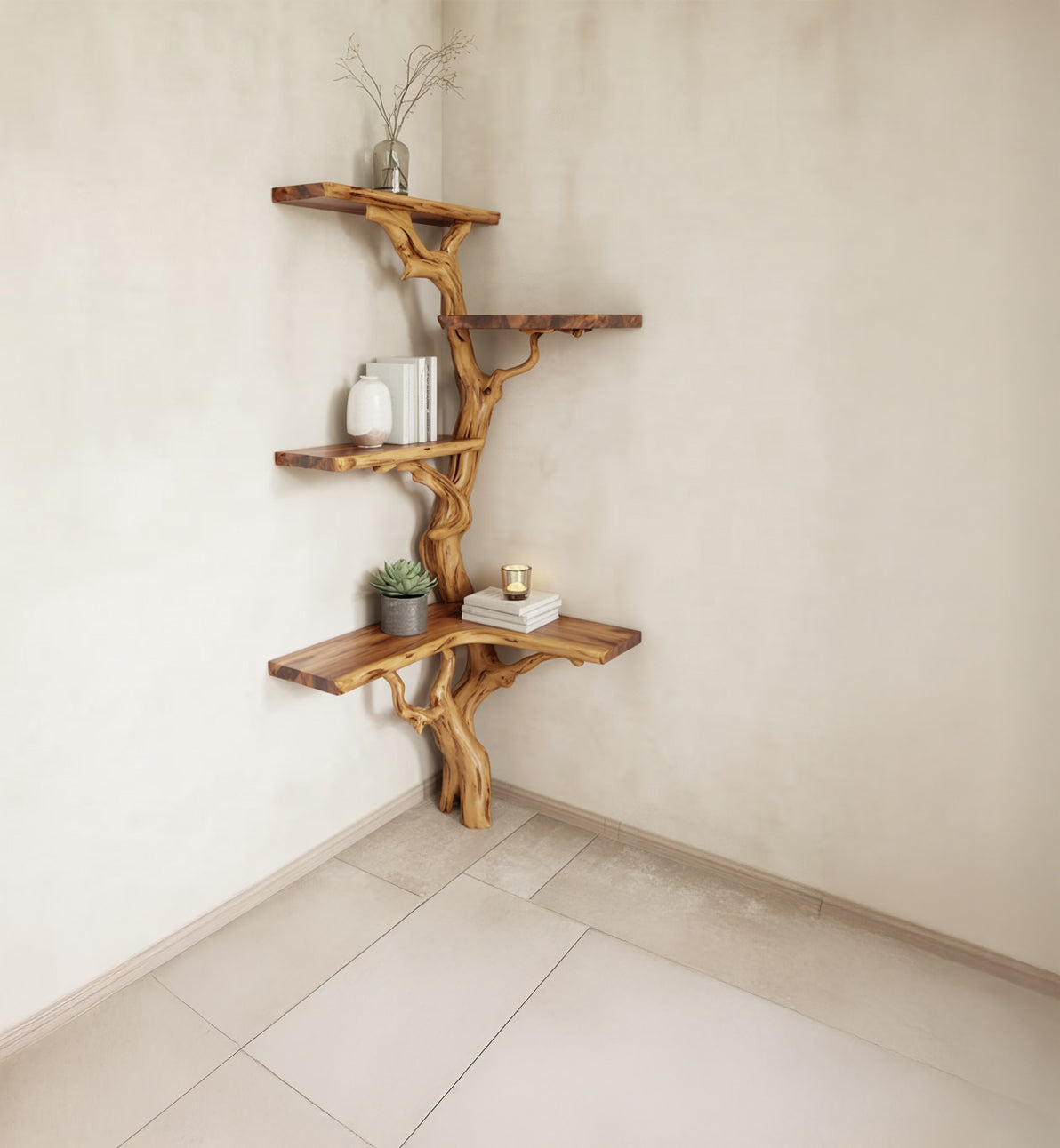 Corner Tree Branch Bookshelf – Live Edge Solid Wood Floating Shelf