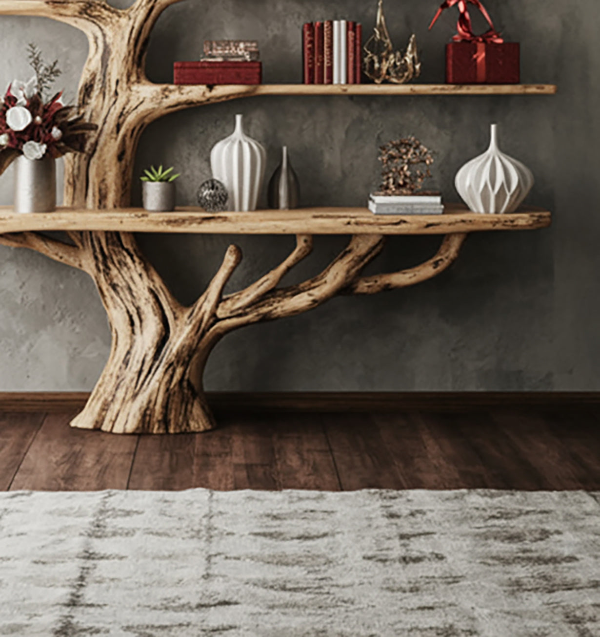 Handmade Rustic Wooden Tree Bookshelf – Solid Wood Wall Art