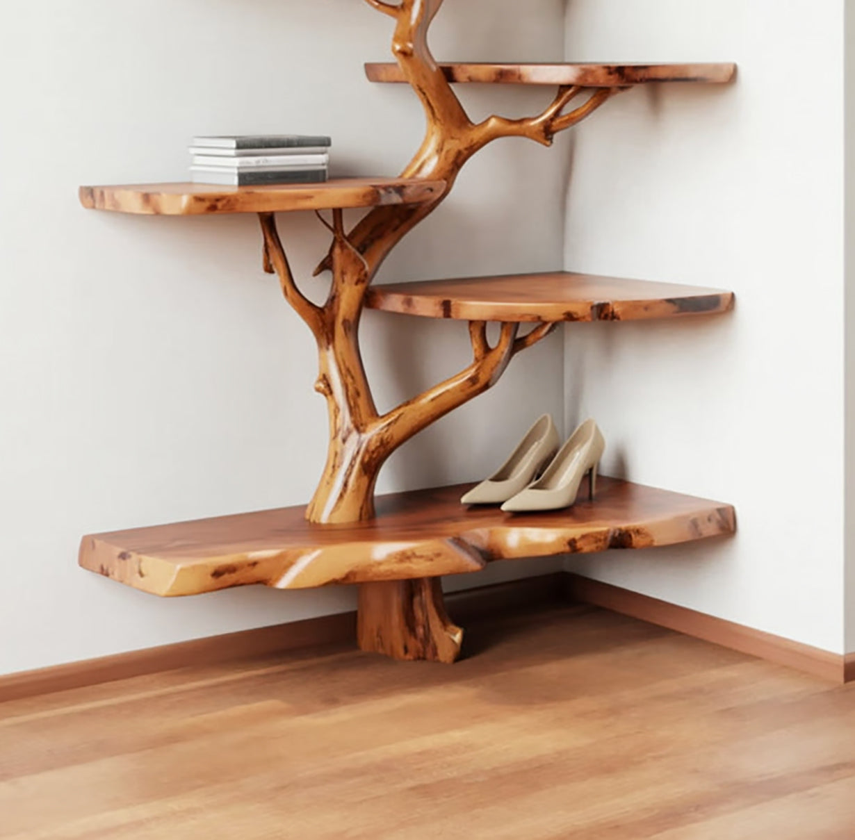 Corner Tree Shelf – Handcrafted Solid Wood Branch Shelf, Artistic Floating Corner Bookcase