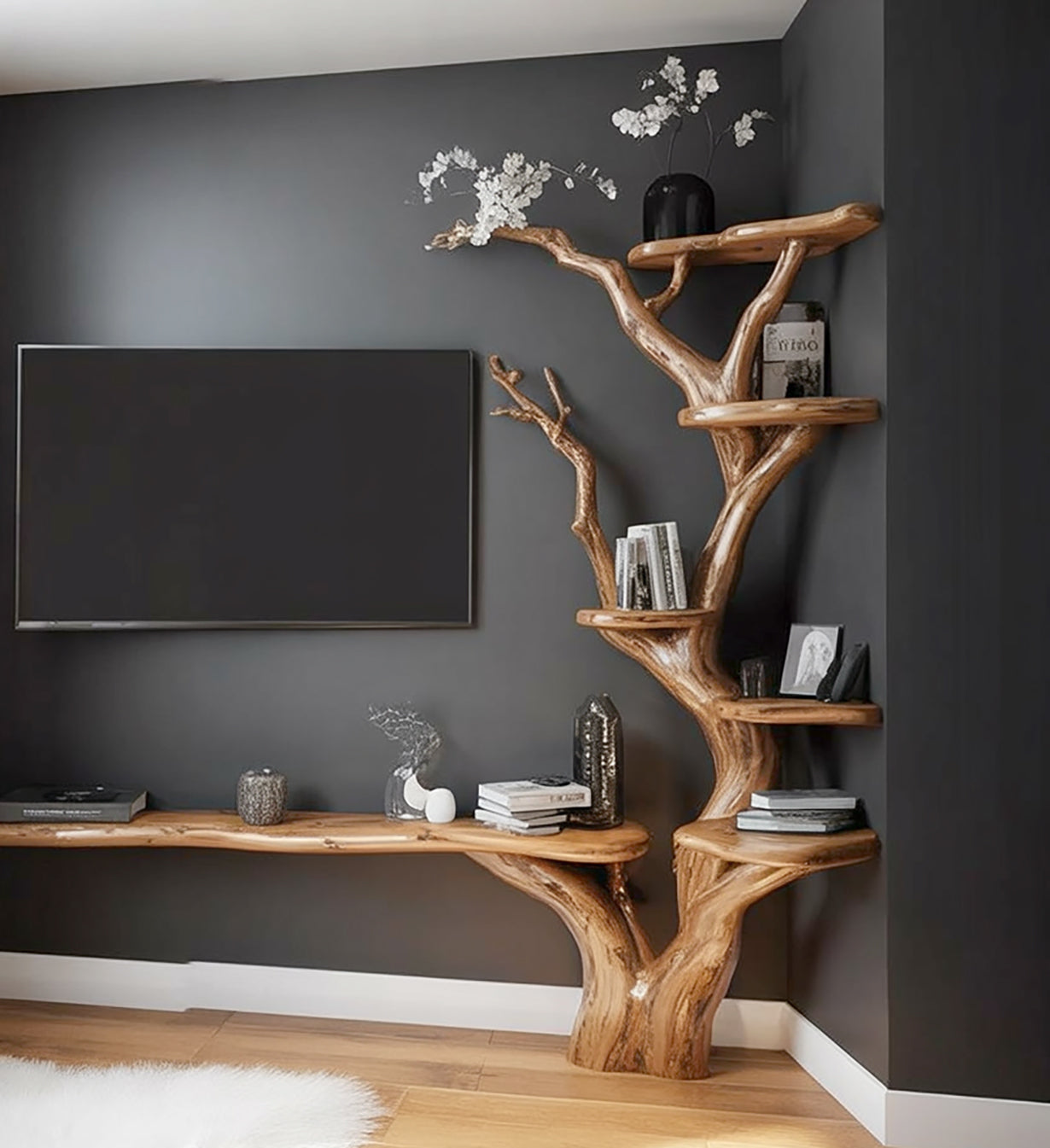 Rustic Tree Bookshelf Wood TV Stand Wall Book Shelf Handmade Furniture Living Room