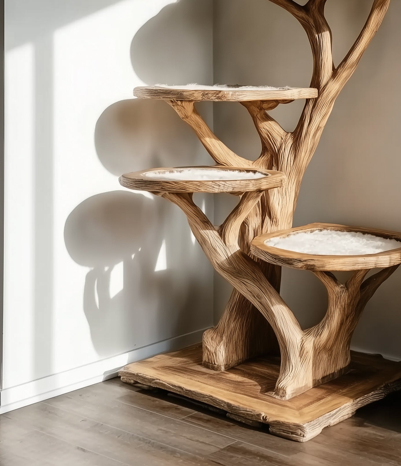 Natural Wood Cat Tree Tower – Modern Handmade Large Cat Tree House with Shelves