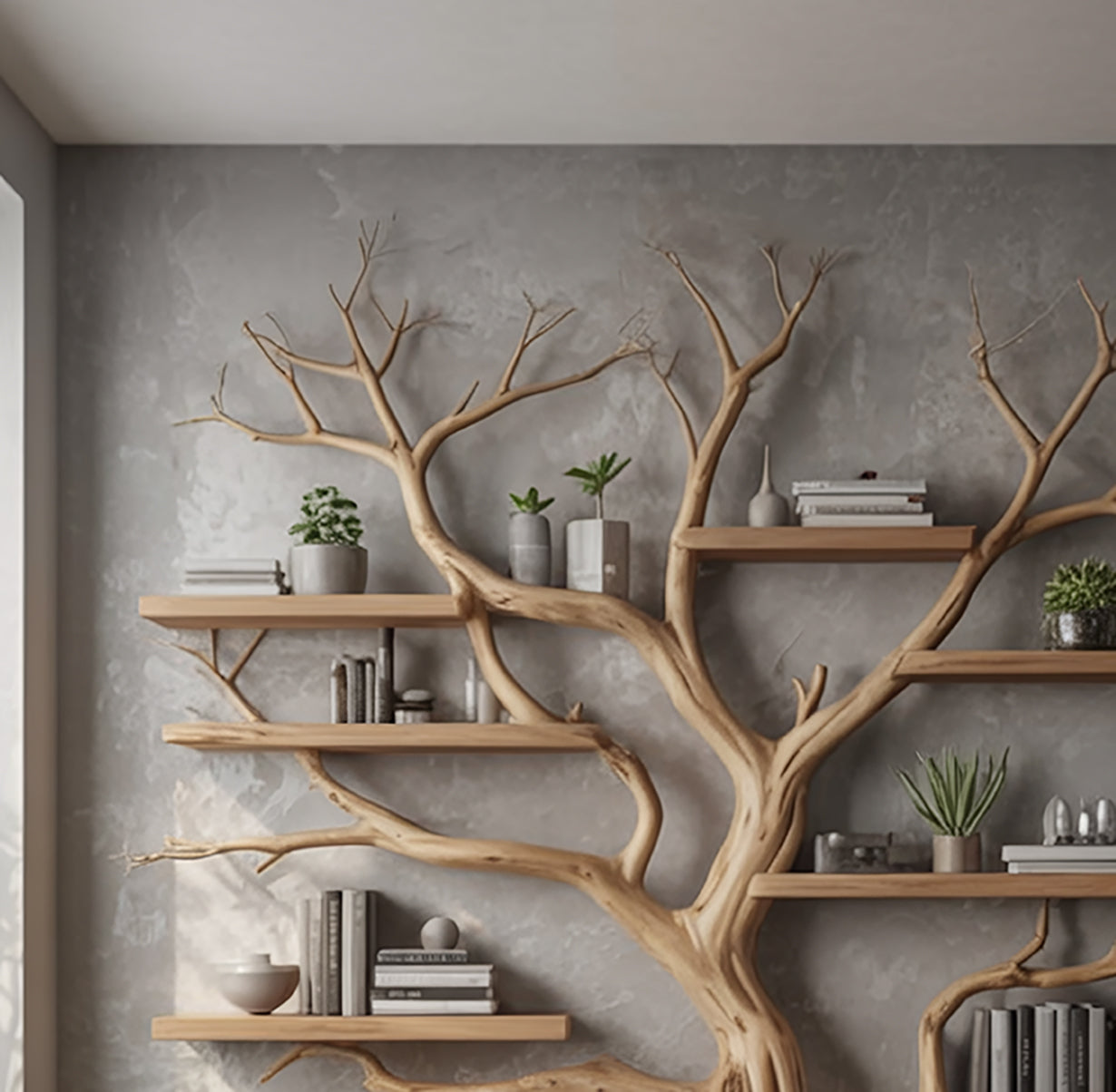 Handcrafted Tree Branch Bookshelf - Natural Wood Floating Shelves - Artistic Wall Decor