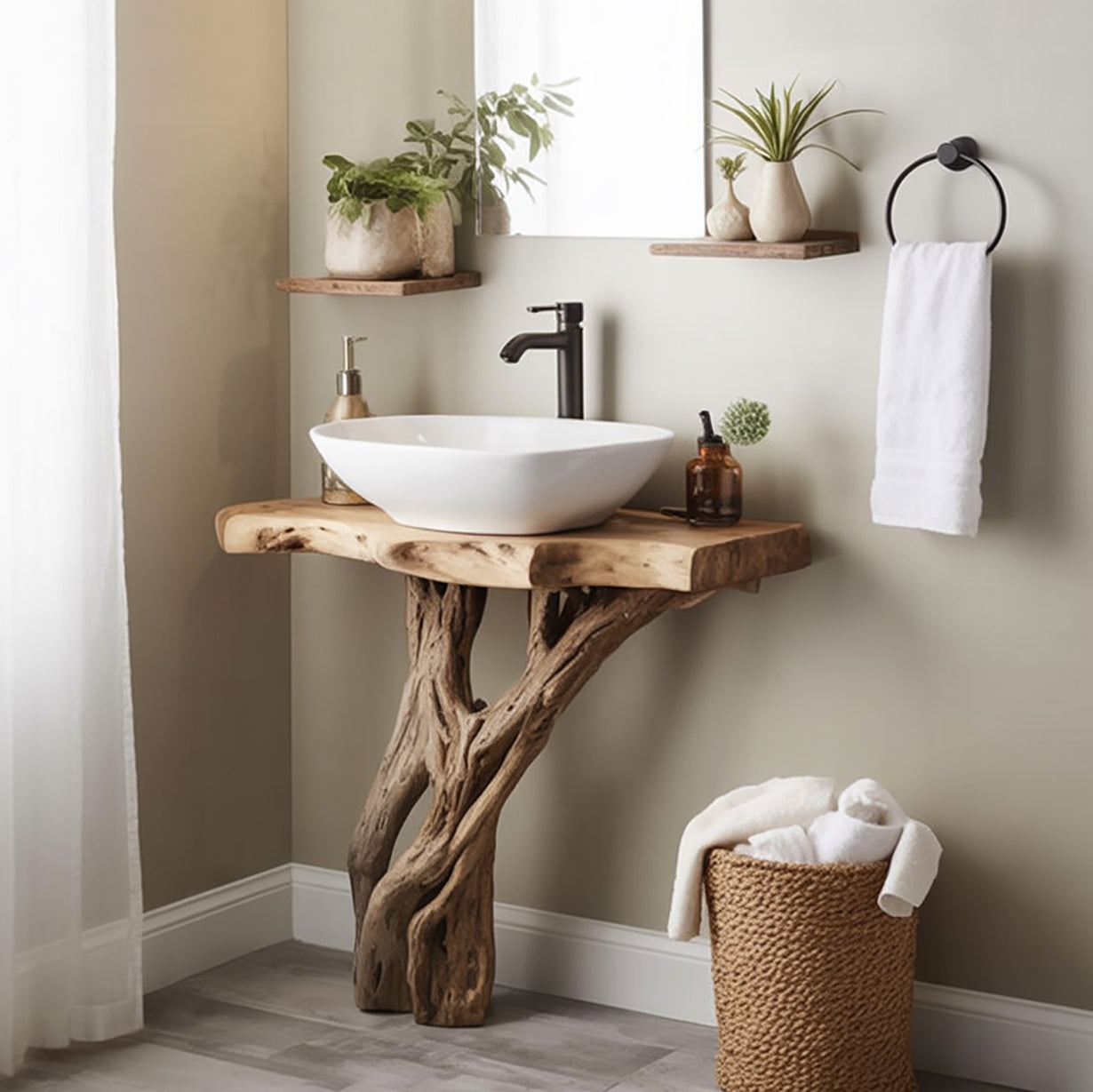 Rustic Solid Wood Bathroom Vanity with Natural Tree Root Base – Spa Style