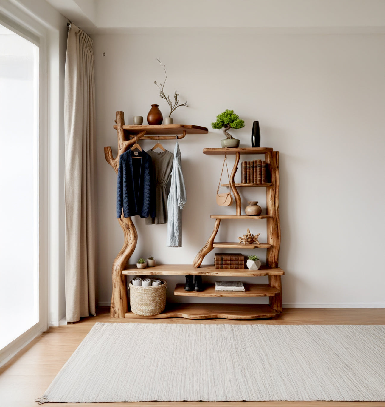 Tree Branch Coat Rack Wall Mount Driftwood Storage Shelf Coat Hook Shoe Storage Decoration