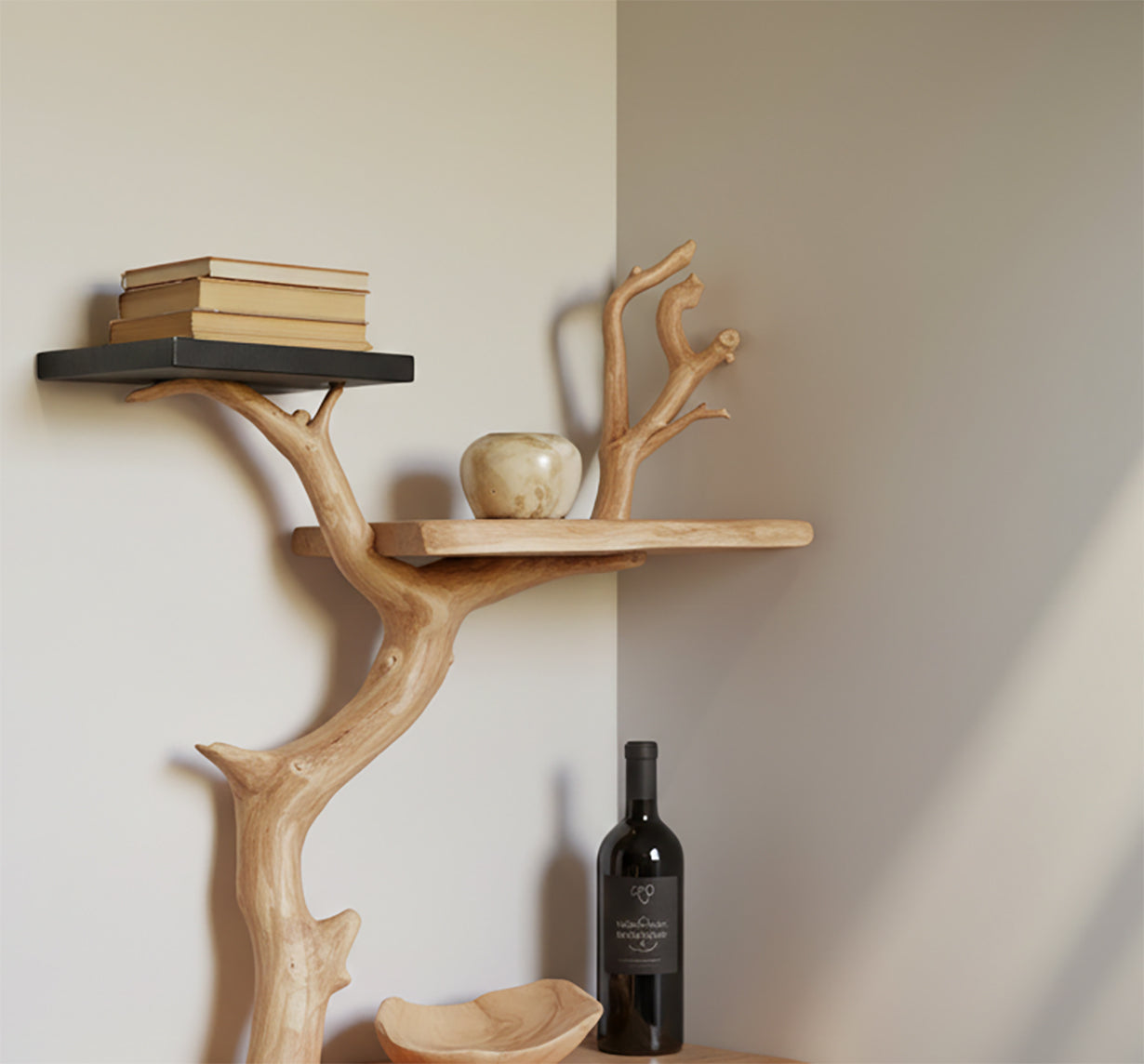 Floating Corner Tree Branch Bookshelf – Driftwood Wall Decor