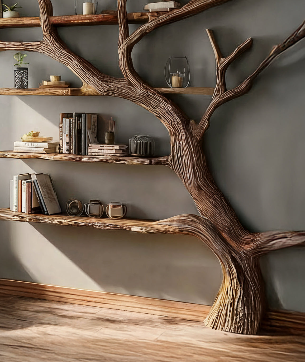 Solid Driftwood Wall Bookshelf – Rustic Farmhouse Floating Tree Branch Shelf