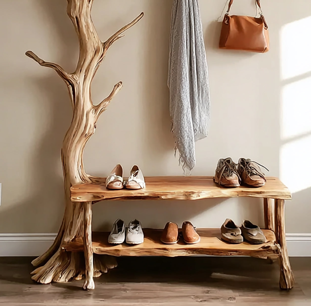Natural Tree Branch Coat Rack – Wall-Mounted Driftwood Hanger